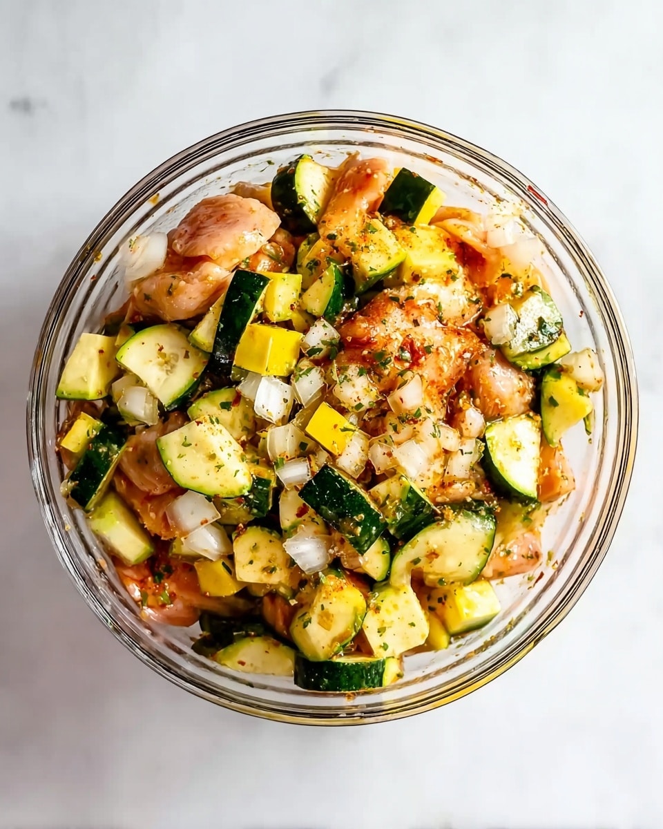 A clear glass bowl filled with mixed ingredients on a white marbled surface, showing three main layers: the bottom layer is light red pieces of marinated chicken, the middle layer consists of small white onion chunks, and the top layer contains yellow and green chopped zucchini pieces, all sprinkled lightly with herbs and spices, the mix looks fresh and ready for cooking, photo taken with an iphone --ar 4:5 --v 7