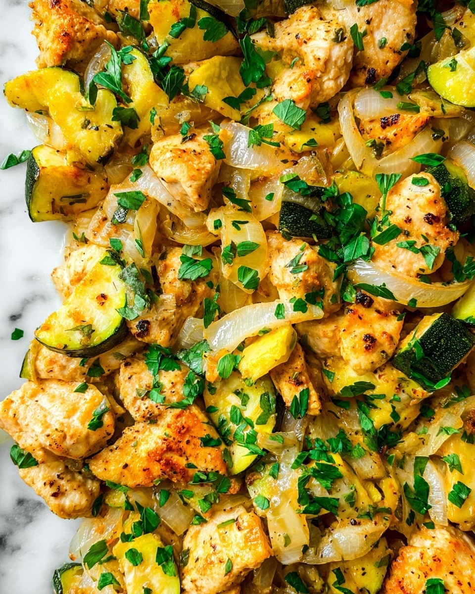 This image shows a close-up of a cooked dish with three main layers: chunks of light golden-brown chicken pieces with a slightly crispy texture, pale yellow cooked onion slices with some translucence, and small pieces of green and yellow zucchini with a cooked, soft texture. All the ingredients are mixed together and scattered with fresh, bright green chopped herbs on top. The background is a white marbled surface. photo taken with an iphone --ar 4:5 --v 7