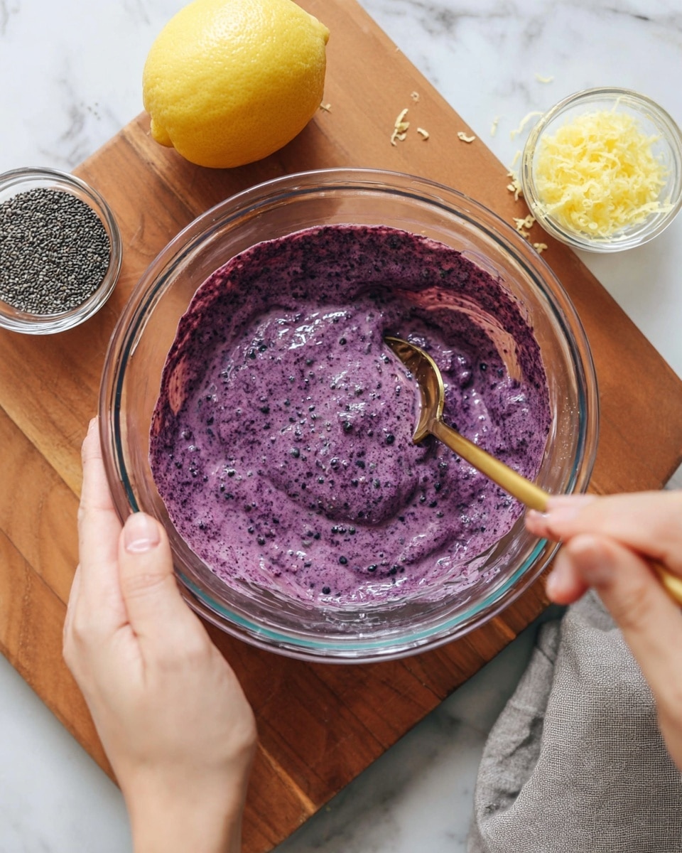 A clear glass bowl filled with a thick, purple mixture that has visible small dark bits, being held by two woman's hands, one of which is stirring with a gold spoon. The bowl sits on a wooden board with a whole lemon and a small glass bowl of lemon zest on the top right, and another small glass bowl with black chia seeds at the bottom left. The background has a white marbled texture with part of a gray cloth visible on the bottom right. Photo taken with an iphone --ar 4:5 --v 7