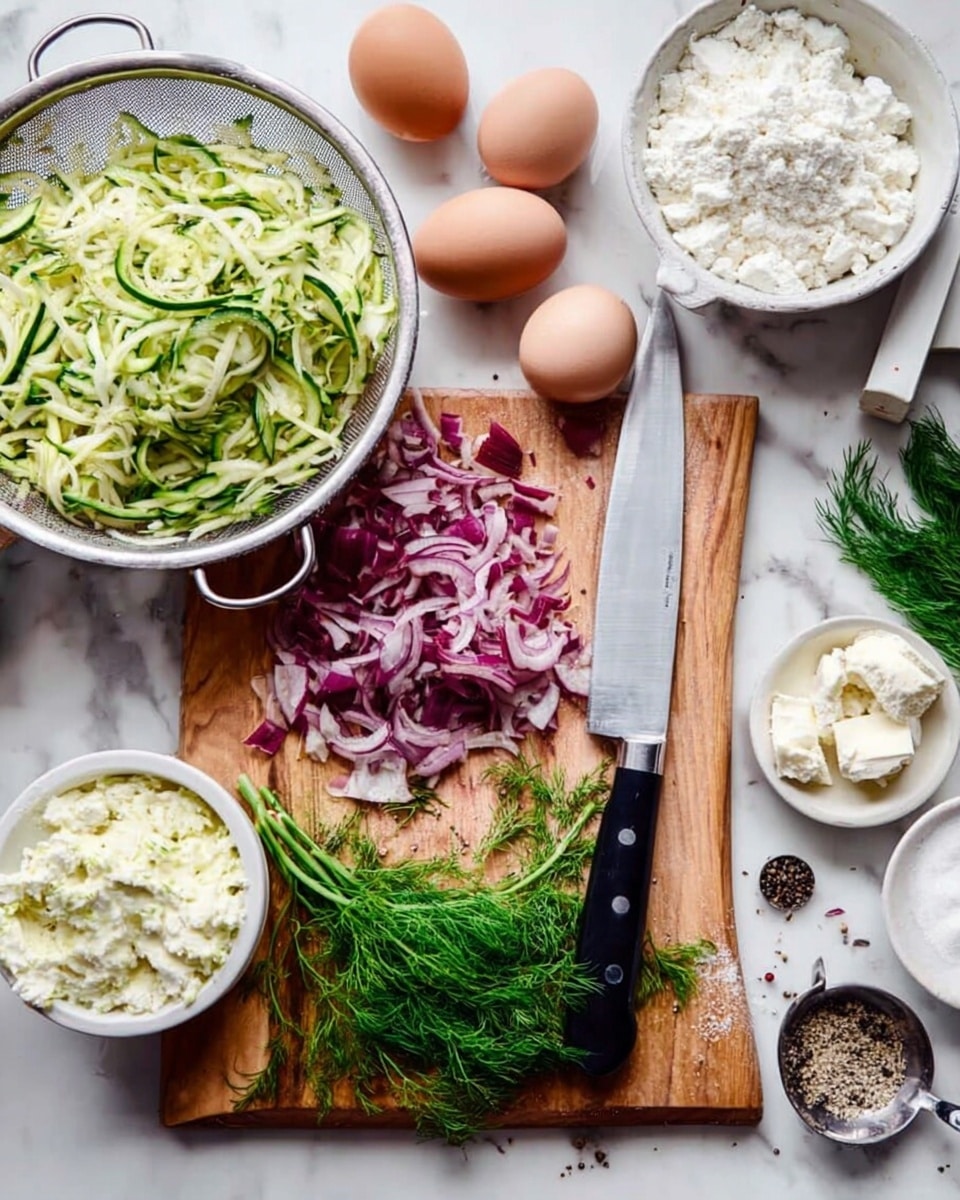 The image shows a wooden cutting board placed on a white marbled surface. On the left side, there is a metal strainer filled with shredded green zucchini. To the right of the strainer, there is a large silver knife with a black handle lying on the cutting board, surrounded by finely chopped red onions and some onion pieces still whole. Above the knife, there are two light brown eggs, fresh green dill sprigs, and two white bowls; one bowl contains white flour with a spoon in it, and the other has a white crumbly cheese block beside it. Small items include a small bowl of black pepper near the bottom edge and a silver measure spoon with a white powder, likely salt or baking powder, near the eggs. The colors are mainly green, red, white, and brown with textures from grated vegetables, chopped onions, and powdery flour. Photo taken with an iphone --ar 4:5 --v 7