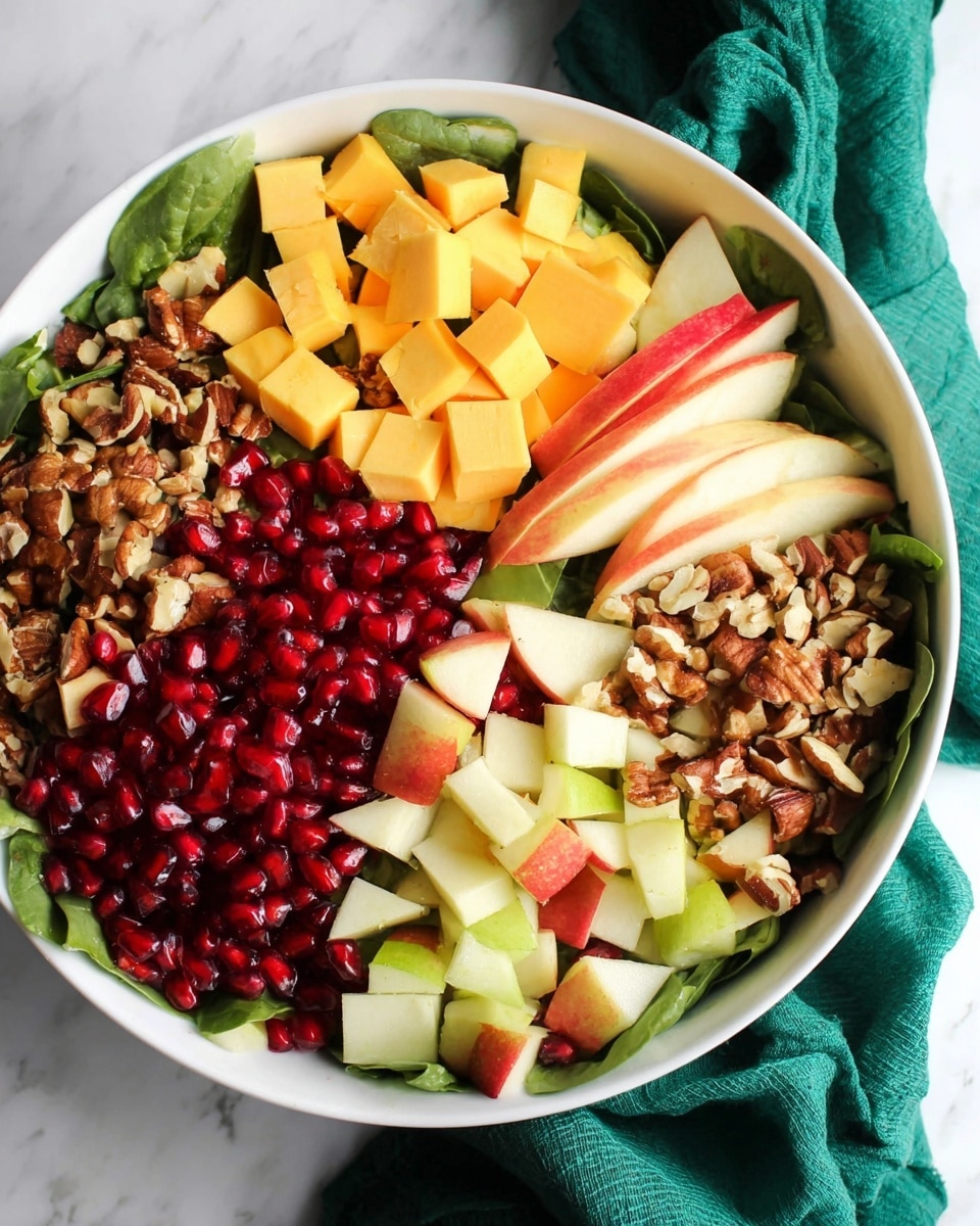 The image shows a white bowl full of layers of fresh salad ingredients on a white marbled background with a green cloth nearby. The bottom layer is dark green leafy greens spread evenly inside the bowl. On top, there are four different groups placed side by side: bright yellow cheese cubes, shiny red pomegranate seeds, chopped light brown nuts, and mixed green and red apple and pear chunks with skins still on. Each group has a clear, fresh texture with vibrant, natural colors. The photo taken with an iphone --ar 4:5 --v 7