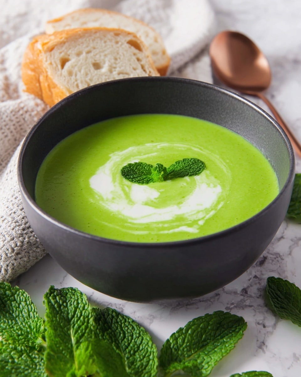 A dark gray bowl filled with smooth bright green soup is centered in the image. The soup has a creamy white swirl design in the middle topped with a small fresh green mint leaf. Behind the bowl, there are two slices of light brown crusty bread resting on a white textured cloth. A shiny copper spoon is partially visible on the right side, placed on the white marbled surface. To the front right side of the bowl, several fresh green mint leaves with detailed veins are laid on the same white marbled background. photo taken with an iphone --ar 4:5 --v 7