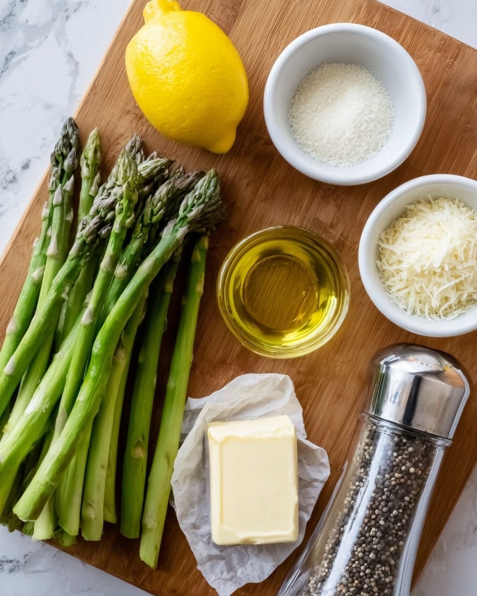 The image shows a wooden surface with various ingredients arranged neatly. On the left side, there is a bunch of fresh green asparagus spears angled diagonally. Next to the asparagus is a bright yellow lemon. To the right are small white bowls, one filled with salt and another with grated cheese. Near these bowls is a small glass container holding light yellow oil. A clear pepper grinder with black peppercorns inside is placed next to the oil. At the bottom center, there is a small block of butter wrapped in white paper. The background is a white marbled texture. photo taken with an iphone --ar 4:5 --v 7
