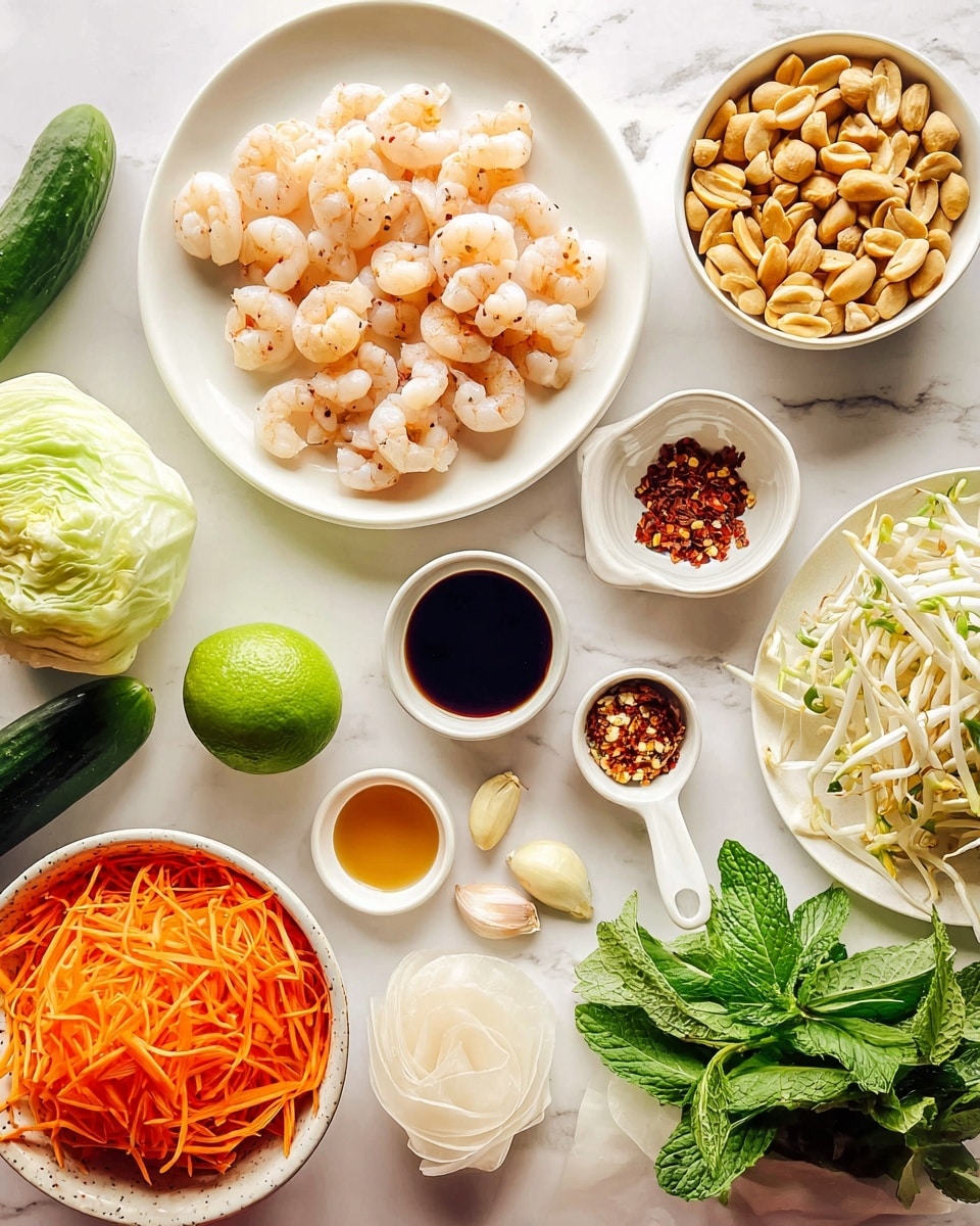The image shows a nicely arranged collection of fresh ingredients on a white marbled surface. There is a white plate in the top center filled with small cooked shrimp, pale pink in color with a few black specks. To the right, a white bowl holds golden roasted peanuts. Below this, a white plate contains a halved lime, a peeled garlic clove, a small spoon with red chili flakes, a small bowl with a light brown liquid, a scoop of honey in a white spoon, and a small bowl of dark soy sauce. On the left side, fresh green herbs including cilantro and mint rest next to a whole dark green cucumber. A wedge of pale green cabbage is placed nearby, along with a small basket filled with fresh bean sprouts that show white and light green colors. A white bowl at the bottom holds bright orange shredded carrots. On the far left, translucent rice paper rounds are partially visible. All the ingredients are cleanly presented with bright, fresh colors on the white marbled surface, photo taken with an iphone --ar 4:5 --v 7