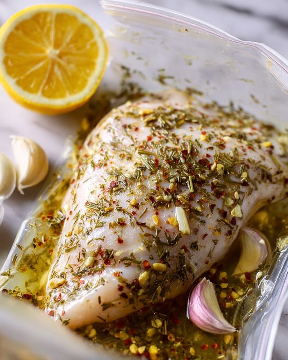 The image shows a close-up of a large piece of raw chicken breast covered in a mix of herbs and spices inside a clear plastic zip-lock bag. The chicken is pale white with green, red, and brown seasonings scattered evenly across the surface. The bag sits on a white marbled texture, next to a halved lemon showing its bright yellow inside and garlic cloves with smooth light purple skins. The chicken is partly submerged in a clear marinade with visible herbs floating in the liquid. Photo taken with an iphone --ar 4:5 --v 7