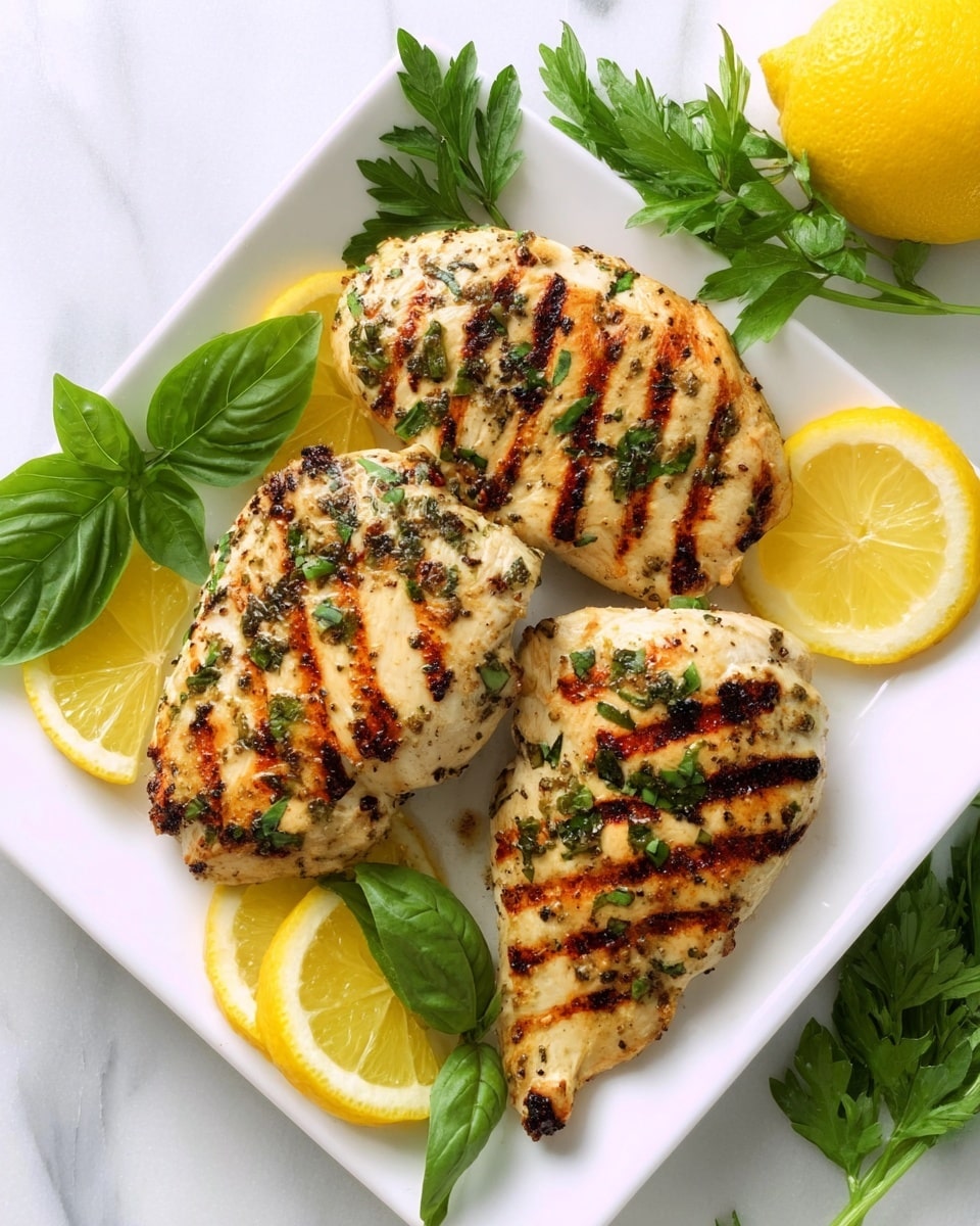 A white square plate on a white marbled surface holding three grilled chicken pieces with visible brown grill marks and a light golden color, sprinkled with green chopped herbs; around the chicken pieces are bright yellow lemon slices placed on the plate edges; fresh green basil leaves and parsley sprigs are arranged around the chicken, adding more color contrast photo taken with an iphone --ar 4:5 --v 7