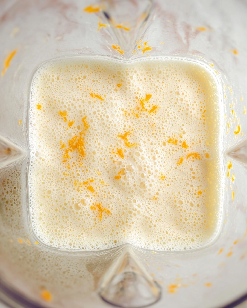 The image shows a close-up top view inside a clear blender container filled with a foam-covered light cream liquid. The liquid has many small bubbles spread evenly across the surface, with tiny scattered pieces of orange zest peeking through the foam. The blender's transparent sides are visible around the edges with some droplets on the walls. The background is a white marbled texture. photo taken with an iphone --ar 4:5 --v 7