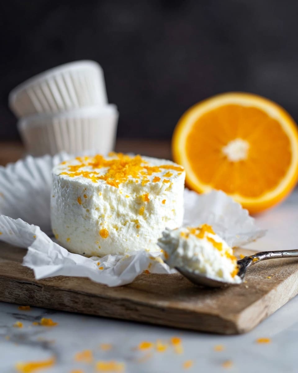 A soft, white cheese round rests on a crumpled white paper cup on a wooden board over a white marbled surface, with orange zest sprinkled on top adding a bright pop of color. A spoon holds a scoop of the creamy cheese, placed on the right side of the cheese round. In the background, there is a half orange showing its juicy, bright orange interior, and several stacked white paper cups are slightly blurred behind the cheese. The overall scene has a dark blurred backdrop that makes the cheese and orange colors stand out clearly photo taken with an iphone --ar 4:5 --v 7