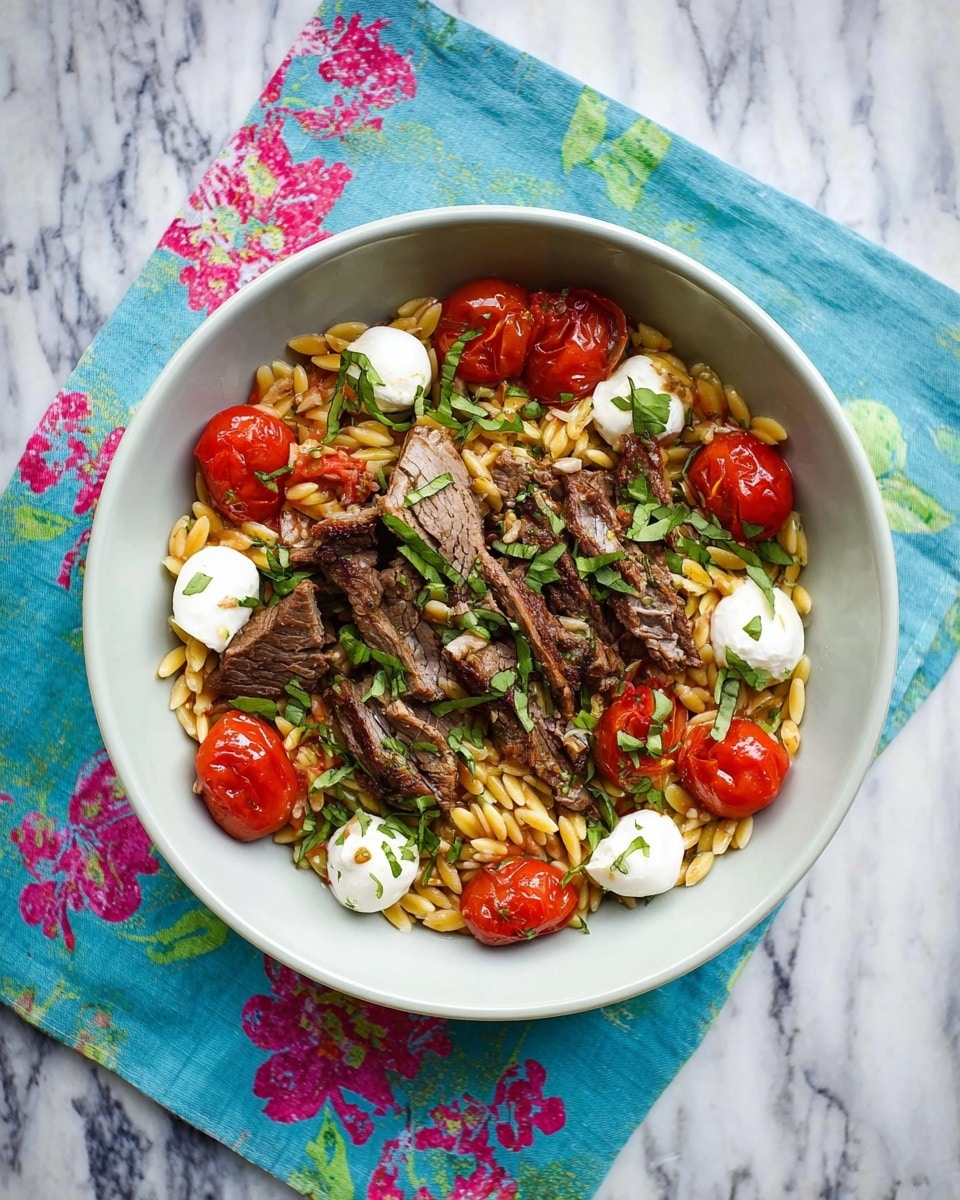 A white bowl holds a layered dish starting with a base of golden-brown orzo pasta spread evenly. On top, bright red cherry tomatoes are scattered, along with small white mozzarella balls placed around the bowl. Thin slices of cooked beef with a slightly charred brown texture cover the middle layer. Fresh green herbs are sprinkled generously over the beef, adding vibrant color and freshness. The bowl sits on a blue cloth with pink and green floral patterns, all placed on a white marbled surface. Photo taken with an iphone --ar 4:5 --v 7