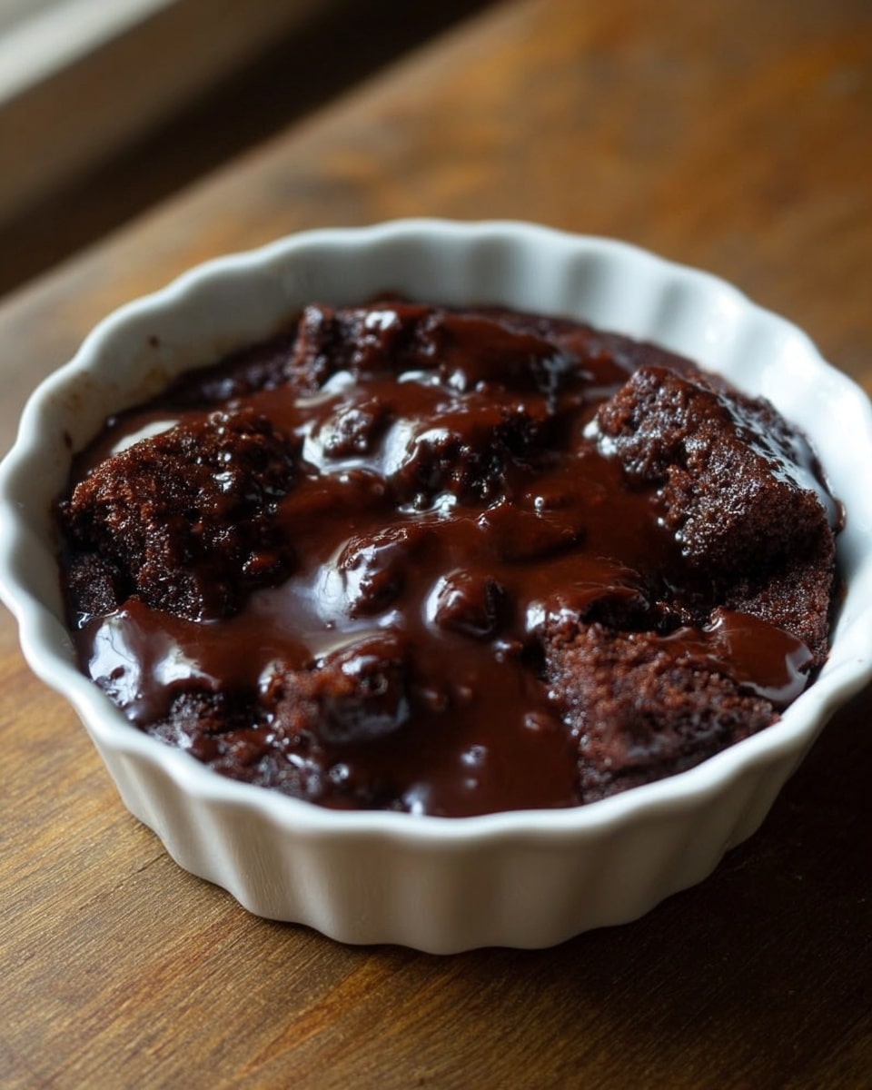 A white scalloped bowl holds a warm chocolate dessert with visible chunks of soft, dark brown cake soaked in a shiny, thick chocolate sauce. The sauce covers most of the top, creating a glossy, smooth surface with some textured areas where the cake peeks through. The bowl sits on a wooden surface with soft, natural light coming from the background. photo taken with an iphone --ar 4:5 --v 7