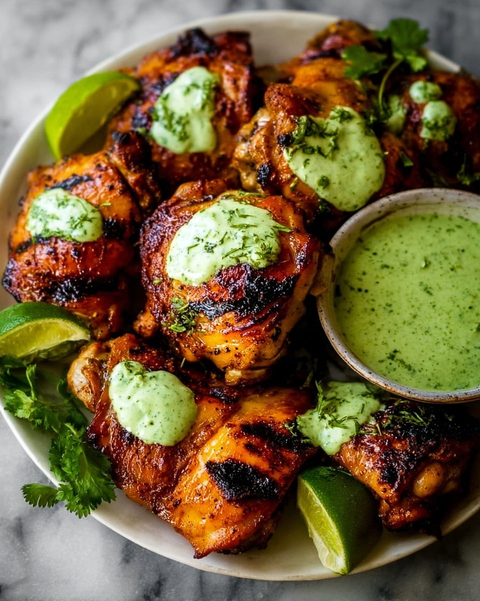 The image shows a white round plate filled with several pieces of grilled chicken thighs that are golden brown with darker char marks. Each piece has a dollop of bright green creamy sauce on top, with a small bowl of the same green sauce placed on the side of the plate. There are a few green herbs like cilantro and lime wedges placed around the chicken, adding fresh colors. The background surface is a white marbled texture. photo taken with an iphone --ar 4:5 --v 7
