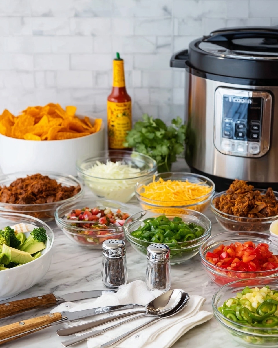 A kitchen scene shows a white bowl full of orange chips on the left side next to a small white bowl of green cilantro leaves. Several small clear glass bowls are arranged behind and to the right, holding white chopped onions, green sliced peppers, bright yellow shredded cheddar cheese, bright green guacamole, chopped green broccoli, small pieces of cooked brown meat, diced red tomatoes, and diced red bell peppers. In front of these bowls are two clear glass salt and pepper shakers on top of a white napkin alongside a few metal spoons and wooden-handled knives. In the back left corner is a large stainless steel slow cooker with a digital panel, and behind all the bowls is a yellow bottle of hot sauce. The surface and background have a white marbled texture. photo taken with an iphone --ar 4:5 --v 7