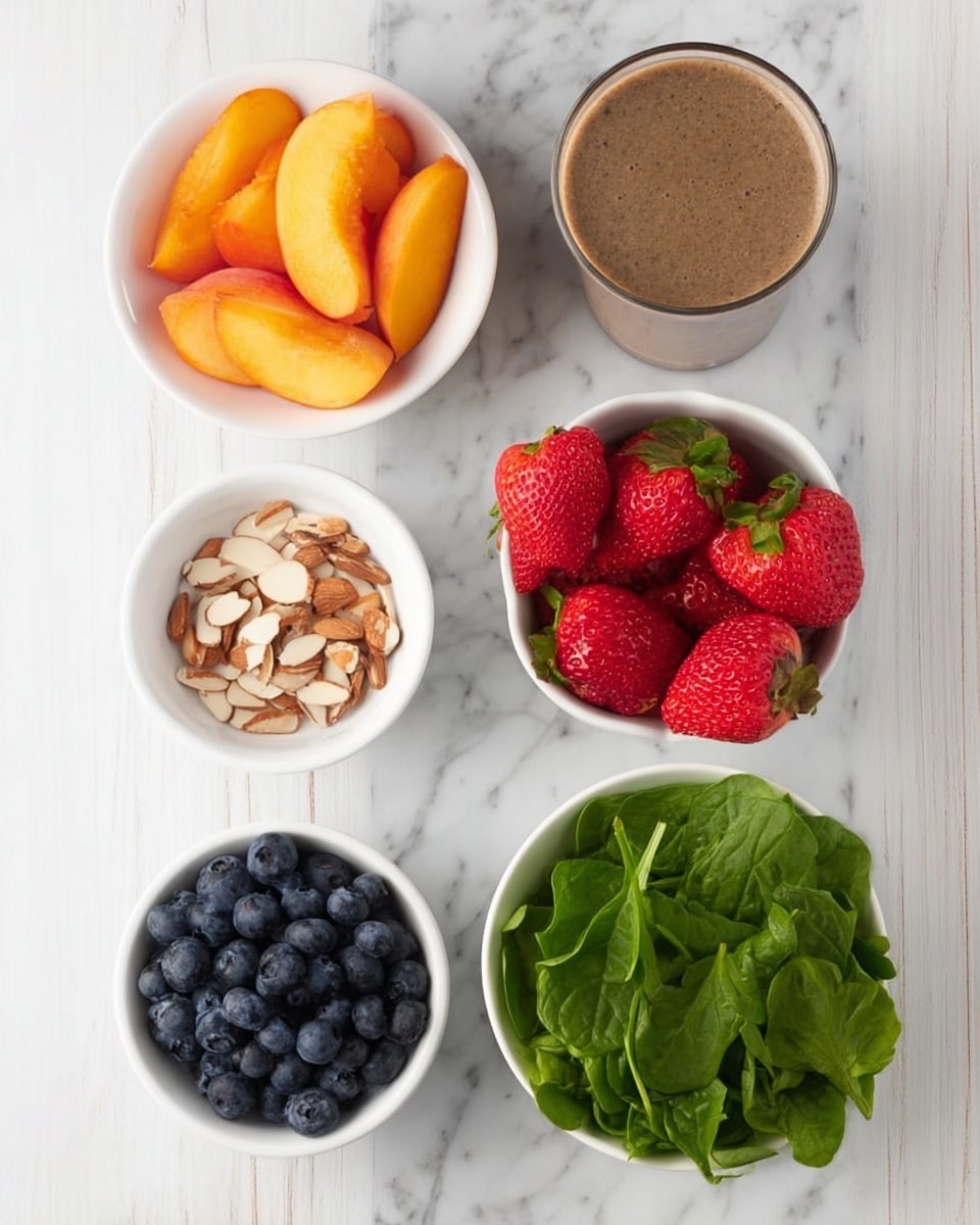 The image shows five white bowls on a white marbled surface. The top left bowl contains bright orange peach slices. Next to it on the right is a tall glass filled with brown juice or smoothie. To the right of the glass is a white bowl full of fresh red strawberries, some cut in half showing their red inside. Below the peaches is a small white bowl with thinly sliced brown and white almonds. To the right of the almonds is a large white bowl filled with fresh green spinach leaves. At the bottom left is another white bowl with dark blue fresh blueberries. The setup is neat, colorful, and fresh. Photo taken with an iphone --ar 4:5 --v 7