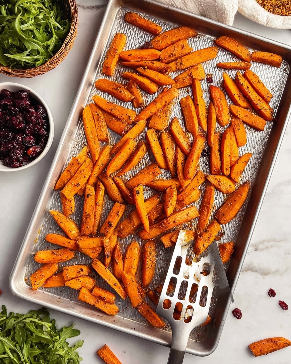 A metal baking tray filled with roasted carrot pieces that are cut in long, thick slices, showing a bright orange color with dark seasoning spots. The carrots are spread evenly across the tray, which has a textured surface. A metal spatula with a square, slotted blade rests on the tray, partially under some carrot pieces. Around the tray, on a white marbled surface, there is a small white bowl filled with dried dark red cranberries at the top left. Some green arugula leaves and a small basket with green leaves sit near the tray edges. Photo taken with an iphone --ar 4:5 --v 7