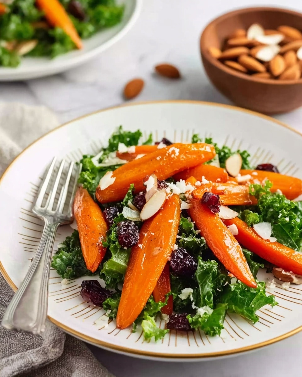 A white plate with thin gold lines holds a salad of bright orange cooked carrots placed on green leafy kale. There are small white bits of cheese sprinkled on the kale and carrots, along with sliced almonds scattered on top. Dark dried cranberries add extra color between the greens and carrots. A silver fork rests on the left side of the plate on a white marbled surface. In the background, a wooden bowl of sliced almonds and part of another white plate with greens are out of focus. Photo taken with an iphone --ar 4:5 --v 7