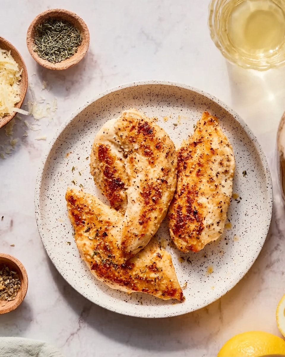 The image shows three pieces of cooked chicken fillets placed on a white speckled plate. The fillets are golden brown with visible spices sprinkled on top, giving a light crust texture. The plate is in the center of the image, resting on a white marbled surface. Around the plate, there are small bowls containing herbs, parmesan cheese, and a lemon wedge partially visible. One glass with a light yellow liquid is positioned on the right side of the plate. The lighting is soft and natural, making the dish look warm and inviting. Photo taken with an iphone --ar 4:5 --v 7