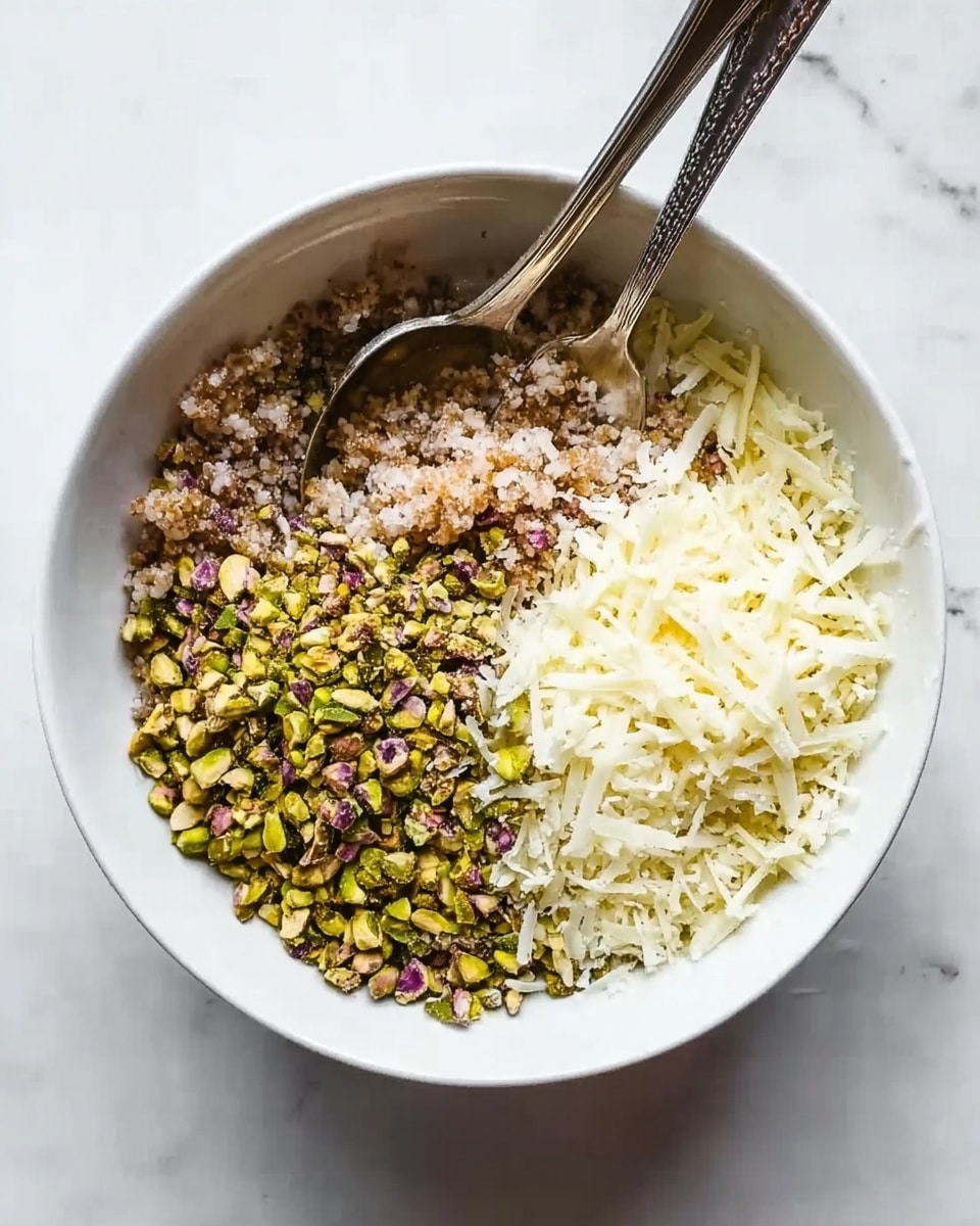 A white bowl sits on a white marbled surface, filled with four distinct layers side by side inside. On one side, there are small chopped green pistachios with hints of purple from their skins. Next to it, a grainy brown layer has a moist texture. Beside that, a pile of fine white shredded cheese rests loosely. The fourth section contains thin white strips, possibly more cheese, blending softly into the background. Two silver spoons are placed inside the bowl, leaning together. The overall image shows vibrant natural colors contrasting in a clean white bowl. Photo taken with an iphone --ar 4:5 --v 7