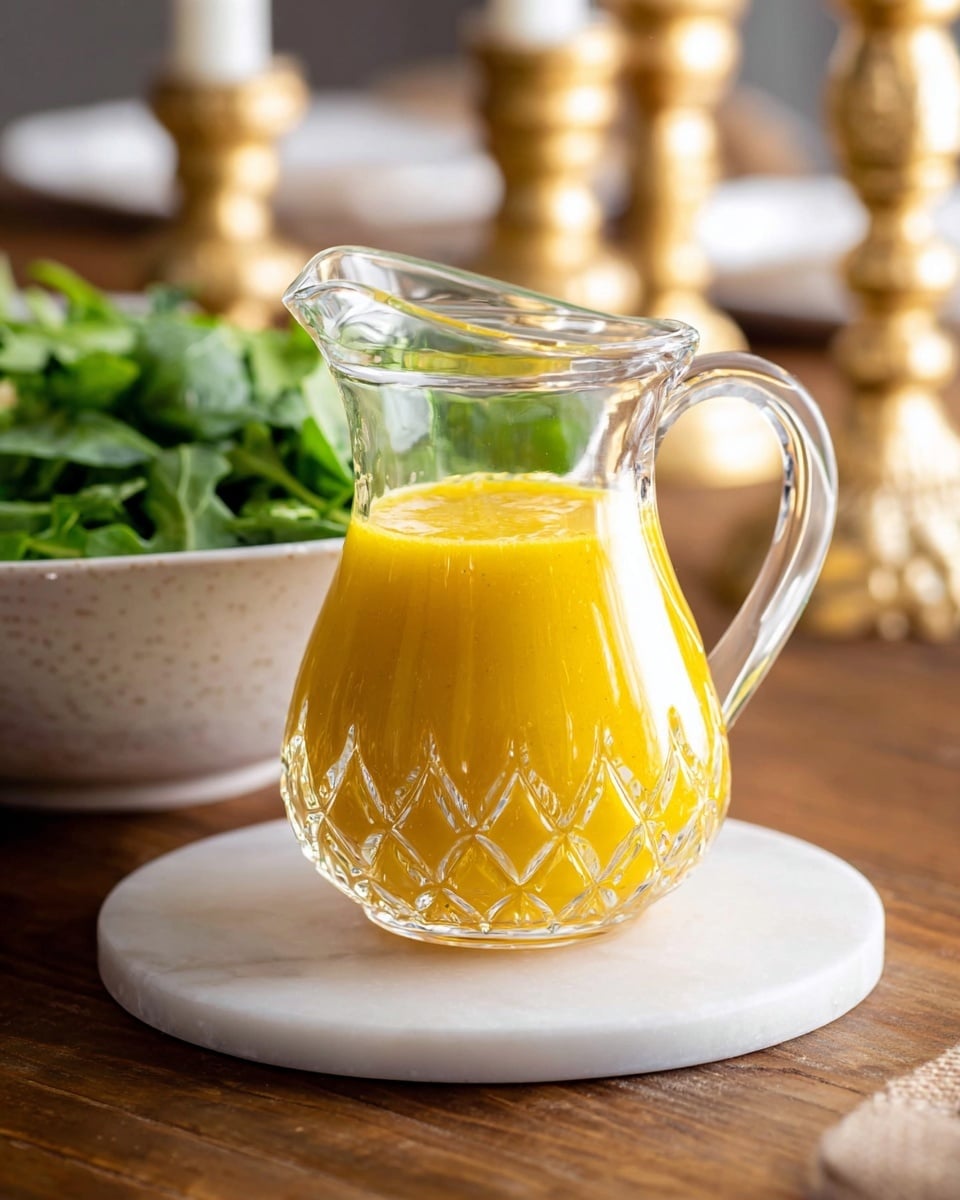 A clear, textured glass pitcher filled with bright yellow dressing sits on a white marbled round board. The pitcher has a patterned bottom with diamond shapes and a scalloped rim, with light reflecting off its surface. In the background, there is a large white bowl filled with fresh, green leafy salad, partially blurred. Behind the bowl, blurred white candle holders rest on a wooden table, adding depth to the scene. The lighting is soft and natural, highlighting the vibrant color of the dressing. Photo taken with an iphone --ar 4:5 --v 7