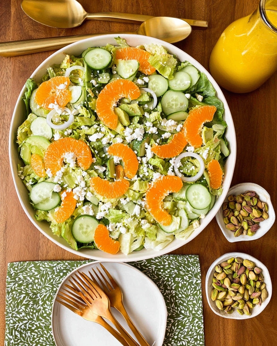 A large white bowl is full of fresh salad layers, starting with a base of green leafy lettuce. On top, there are slices of green cucumber and curved slices of light green avocado scattered all around. Bright orange mandarin slices add a pop of color evenly mixed throughout. Thin white onion slices and small white cheese crumbles are spread over the salad, adding texture and contrast. The bowl sits on a wooden table with a set of gold and white spoons above it, and below it, there is a white plate with four wooden forks on a green and white patterned napkin. To the right, a glass jug of yellow juice and a small white bowl of pistachios rest on the table. photo taken with an iphone --ar 4:5 --v 7