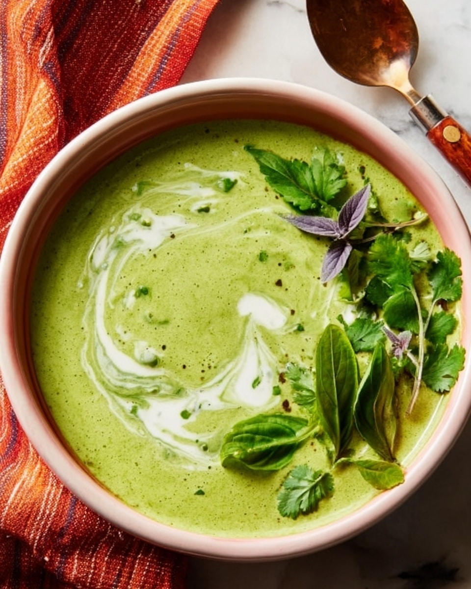 A smooth green soup fills a white bowl with a pink edge, showing creamy white swirls mixed softly on top. On one side of the bowl, there are fresh green coriander leaves, a few long dark green basil leaves, and purple basil flowers resting gently. The bowl sits on a white marbled surface, with a red and orange striped cloth and a wooden-handled knife visible in the background. The overall look is fresh and colorful. photo taken with an iphone --ar 4:5 --v 7