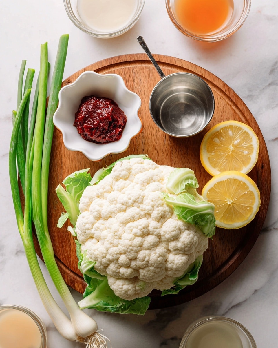 The image shows a round wooden board on a white marbled surface, holding a large fresh cauliflower with green leaves on the bottom right. Two halves of a lemon with bright yellow skin and pale yellow inside sit near the cauliflower on the board’s top right side. Near the top center, there is a small silver metal cup with clear liquid. A small white scalloped bowl filled with deep red thick paste is placed to the left of the metal cup. On the lower left side of the board, three green onions with fresh green stalks and white bases lie across partially overlapping the cauliflower. Around the board, several clear measuring cups contain different liquids in shades of beige, orange, and white. The photo taken with an iphone --ar 4:5 --v 7