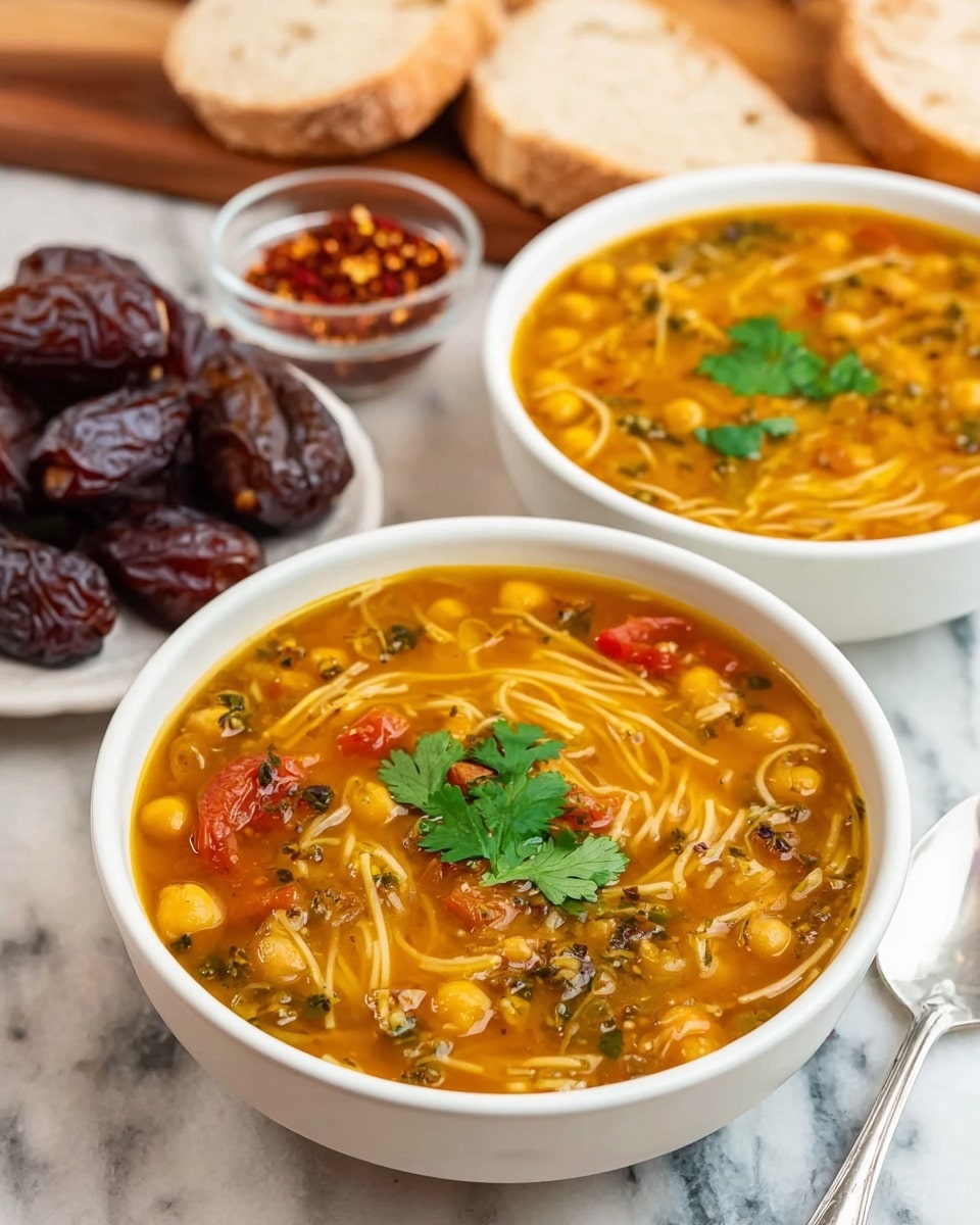 Two white bowls are filled with a thick orange soup that has visible chickpeas, small pasta strands, and chunks of tomato, each topped with a small bunch of green cilantro leaves. To the top right of the bowls, there is a white plate piled with large dark brown dates. Next to it, a small clear glass bowl contains chunky bright red sauce with visible seeds. On the top left side, part of a wooden board holds a piece of flatbread and sliced pale white bread. All items are placed on a white marbled surface photo taken with an iphone --ar 4:5 --v 7