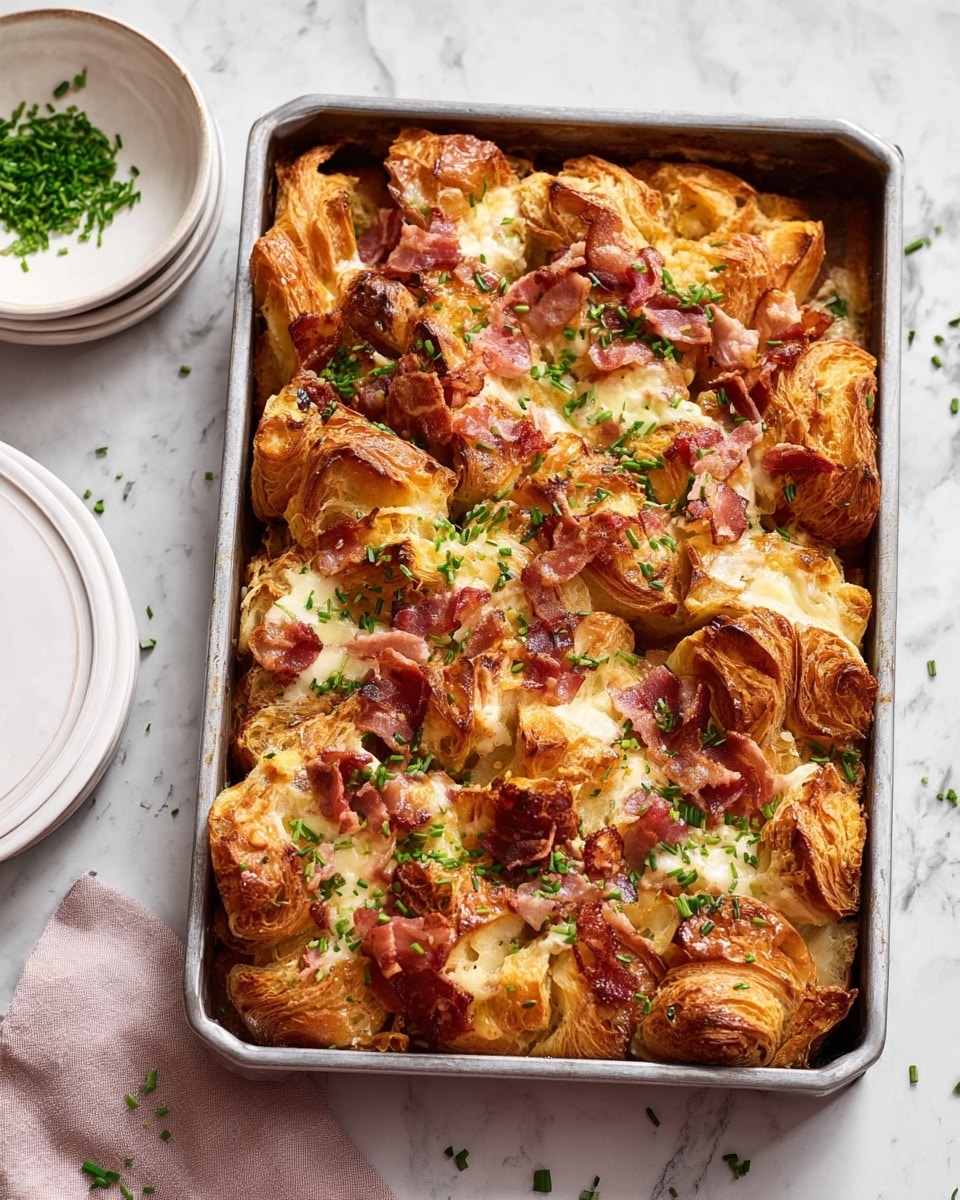 The image shows a rectangular metal baking tray filled with a layered dish made from torn pieces of golden brown croissants. The croissant pieces are wild and flaky, with melted white cheese spread unevenly over and between them. Small bits of crispy reddish-brown bacon are scattered over the surface, adding contrast. Finely chopped bright green chives are sprinkled across the top, giving a fresh look. The tray is placed on a white marbled surface with some extra chives scattered around. Nearby, there is a stack of white plates and a white bowl with more chives. Photo taken with an iphone --ar 4:5 --v 7