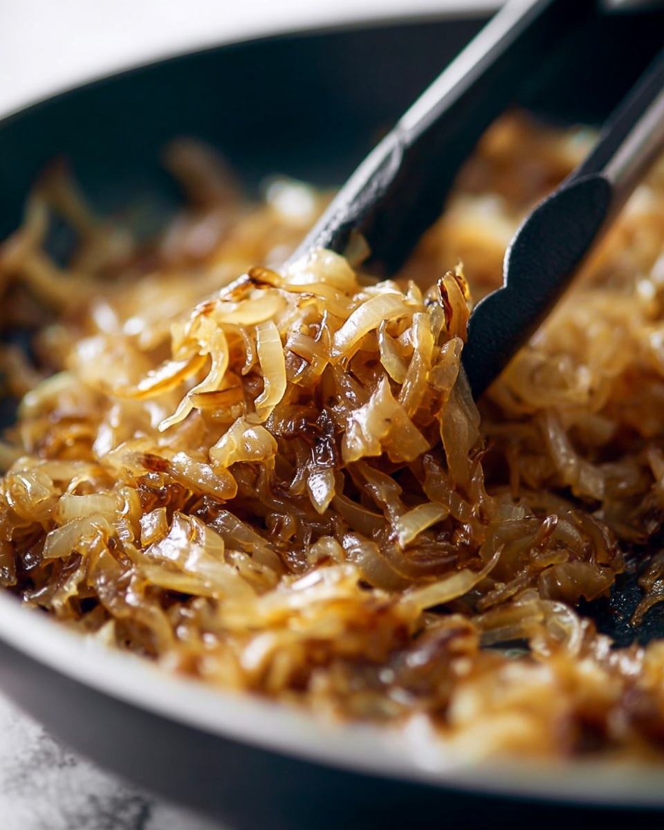 A close-up of a pan filled with golden brown caramelized onions being stirred with black tongs. The onions are soft and slightly shiny, showing a mix of light and darker golden shades. The background is out of focus, highlighting the texture and glossiness of the cooked onions. The scene is set on a white marbled surface photo taken with an iphone --ar 4:5 --v 7