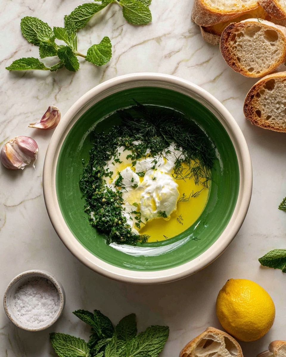 A green bowl with a white rim sits on a white marbled surface, holding five separate layers inside: a pool of olive oil at the bottom, a dollop of white yogurt, finely minced garlic with light yellow color, fresh chopped green mint leaves, and finely chopped dark green dill. Around the bowl, there are fresh mint leaves, a clove of garlic, half a lemon, a small white container of salt, and a few slices of crusty bread with a golden brown crust arranged on the marbled surface. The photo taken with an iphone --ar 4:5 --v 7