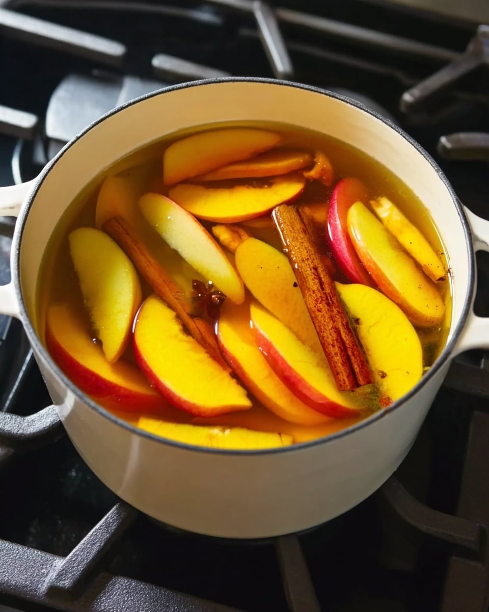 A white pot filled with clear golden liquid that covers several layers of fruit slices and spices, visible on a stove burner with dark gray grates and a black surface. The fruit slices are mainly yellow and red, with smooth, shiny skin and soft inner textures, arranged in overlapping layers floating in the liquid. Among the fruit slices, a long dark brown cinnamon stick and a smaller piece of light brown spice are placed vertically, adding contrast. The light reflects gently on the liquid’s surface, giving a warm, inviting look. photo taken with an iphone --ar 4:5 --v 7