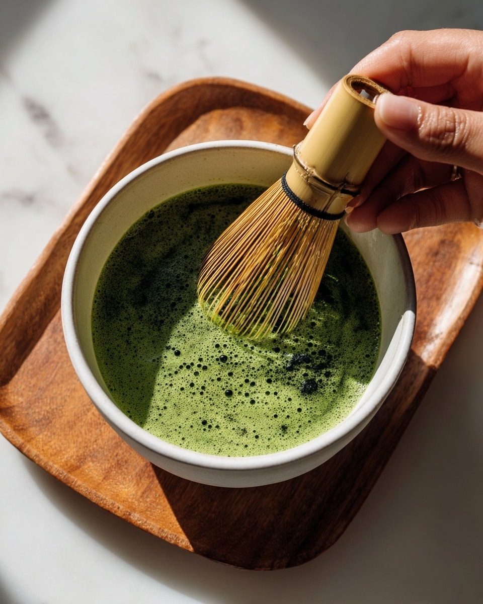 A close-up photo showing a woman's hand holding a bamboo whisk inside a white bowl filled with dark green matcha tea that has some froth and little bits floating on the surface. The bowl is resting on a wooden tray placed on a white marbled texture. Bright natural light casts soft shadows, highlighting the texture of the whisk and the smooth surface of the bowl. photo taken with an iphone --ar 4:5 --v 7