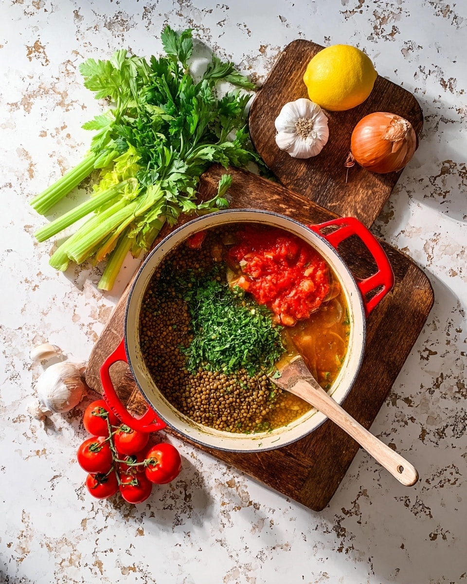 The image shows a white pot with red handles filled with soup ingredients. Inside the pot, there are four main layers: green herbs chopped finely in the center, brown lentils on the left, bright red crushed tomatoes on the top left, and a brownish liquid broth with a wooden spoon resting inside on the right. Above the pot, on a wooden cutting board placed on a white marbled surface, there are green celery stalks with leaves, fresh cilantro, three garlic cloves, and a whole yellow lemon. To the right of the board, there is an unpeeled brown onion and a bunch of red tomatoes still on the vine. The overall scene looks fresh and colorful with natural light. Photo taken with an iphone --ar 4:5 --v 7