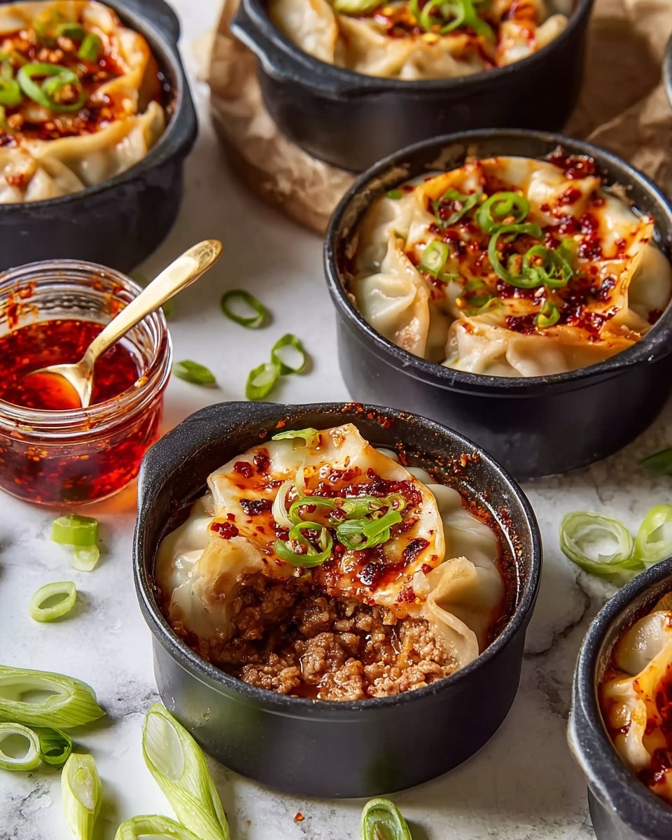 This image shows four small black pots filled with a layered dish. Each pot contains a base layer of mixed minced filling with small pieces visible, topped by a thin brown dough layer that is folded unevenly over the edges. The dough is covered with a shiny red chili oil sauce sprinkled with crushed chili flakes. Each pot is garnished with bright green sliced spring onions. In the foreground, one pot has a bite taken out, revealing the filling inside. There is also a small clear jar of red chili oil with a gold spoon next to the pots. The scene is set on a white marbled surface with some green sliced spring onions scattered around. photo taken with an iphone --ar 4:5 --v 7