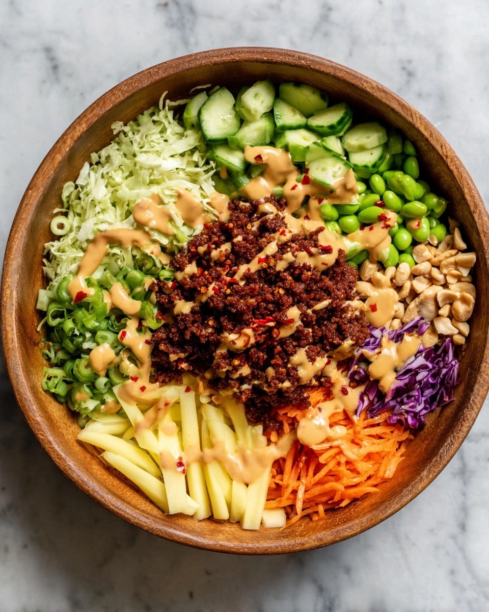 A wooden bowl filled with a colorful salad showing seven distinct layers arranged in sections from the outer edge to the center. The outer layers include pale green shredded cabbage mixed with thin purple cabbage and orange carrot strips, bright green edamame beans, light tan chopped nuts, and chopped green onions. On the opposite side, there are pale yellow cheese sticks and sliced dark green cucumbers. The middle holds a mound of finely crumbled dark brown cooked ground meat or plant-based protein, all topped with an uneven drizzle of light brown sauce with red chili flakes. The bowl sits on a white marbled surface. photo taken with an iphone --ar 4:5 --v 7