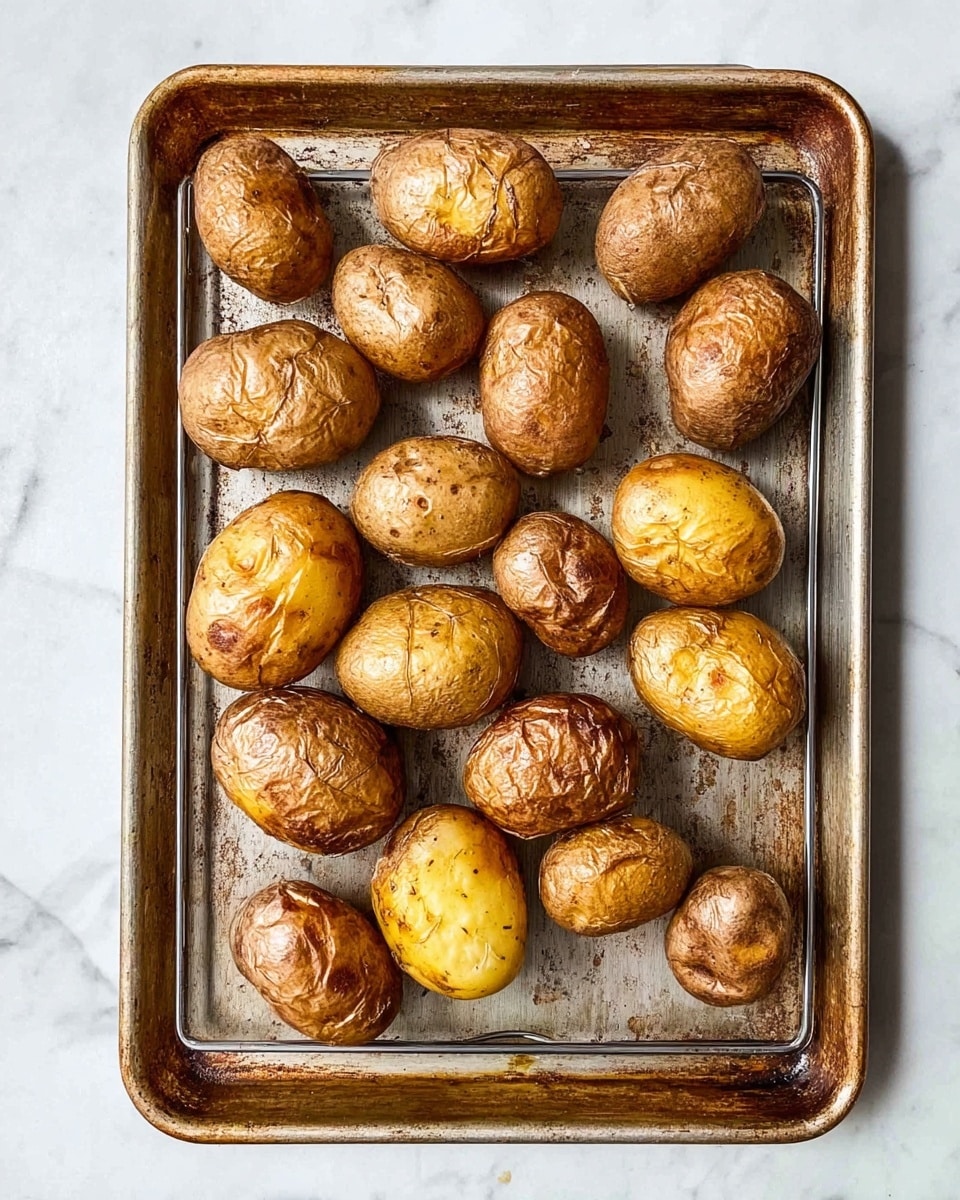 The image shows a baking sheet with a cooling rack inside it, placed on a white marbled surface. On the rack, there are about sixteen baked potatoes with golden to brown textured skins, some showing wrinkled and slightly shiny patches. The potatoes vary in size and shape, arranged in a loose scattered manner, with the different shades of brown highlighting their baked texture. The baking sheet looks old and used with visible darkened spots and scratches. Photo taken with an iphone --ar 4:5 --v 7