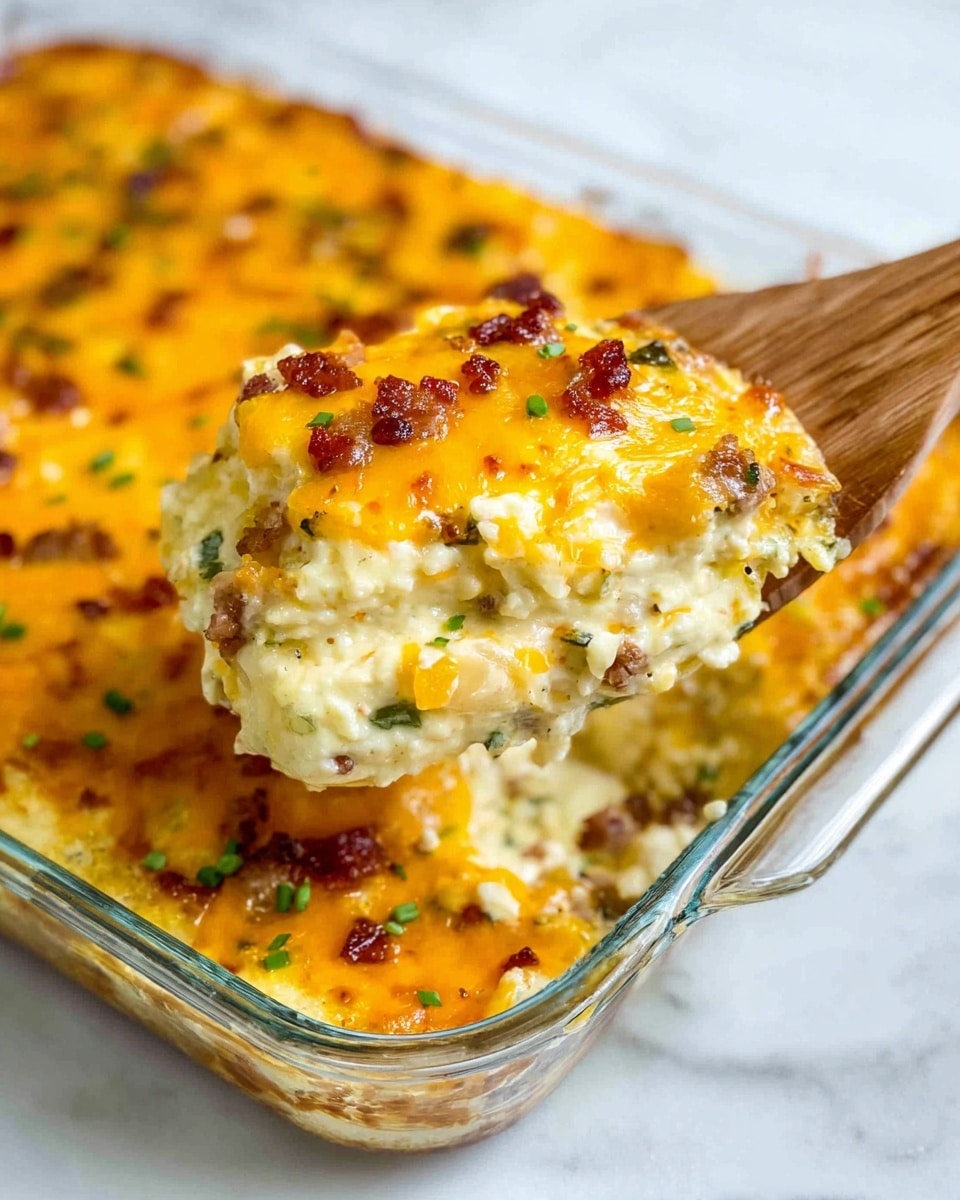 The image shows a glass baking dish filled with a thick, creamy casserole. The top layer is golden orange melted cheese with small bits of browned meat and green herbs scattered throughout. Underneath, the casserole appears soft and creamy with a pale yellow and white texture mixed with some green flecks. A wooden spatula holds a scoop of the casserole above the dish, showing its dense, rich inside. The dish sits on a white marbled surface. Photo taken with an iphone --ar 4:5 --v 7
