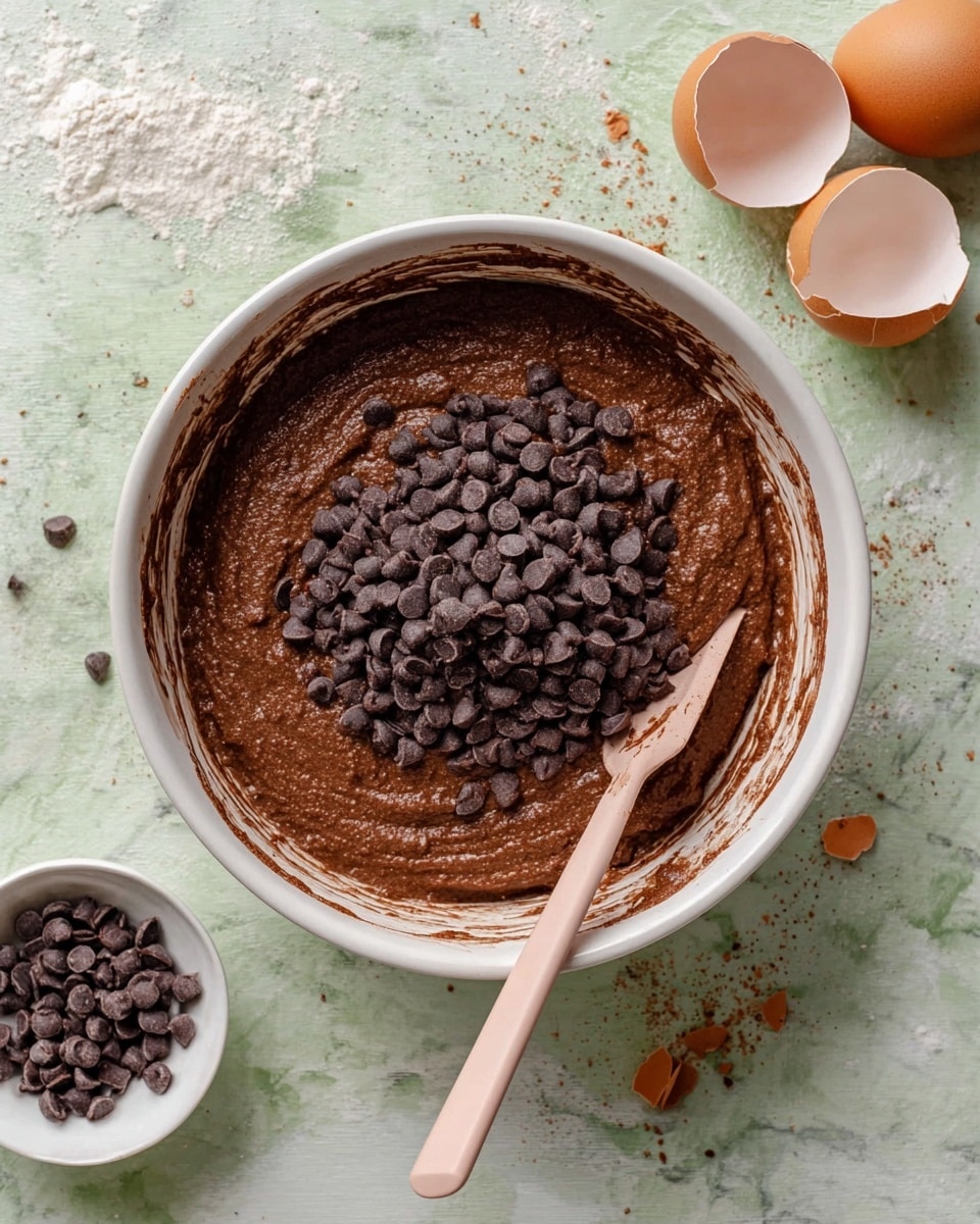 A white bowl filled with thick, brown chocolate batter topped with a large pile of small, dark chocolate chips in the center. The batter has a smooth, slightly textured surface with streaks of batter on the inner sides of the bowl. A pale pink spatula rests inside the bowl, partly under the chocolate chips, with its handle pointing outwards. Around the bowl, there are two open brown eggshells and a small white bowl with a few chocolate chips inside, all placed on a white marbled surface with some scattered small orange and brown bits. Photo taken with an iphone --ar 4:5 --v 7