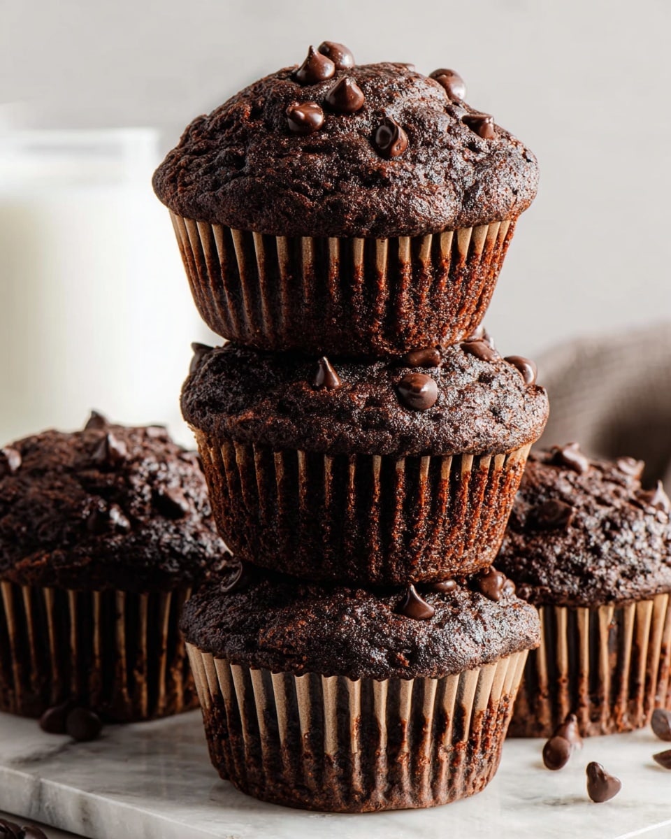A stack of five dark brown chocolate muffins is shown on a white marbled surface. Each muffin has a rough, textured top covered with many small and large dark chocolate chips scattered unevenly, some slightly melted. The muffins are wrapped in light brown paper liners with visible folds. The top muffin is centered and elevated, sitting on the edges of the muffins below it. The background is a soft, light neutral tone with a blurred glass of milk visible. Photo taken with an iphone --ar 4:5 --v 7
