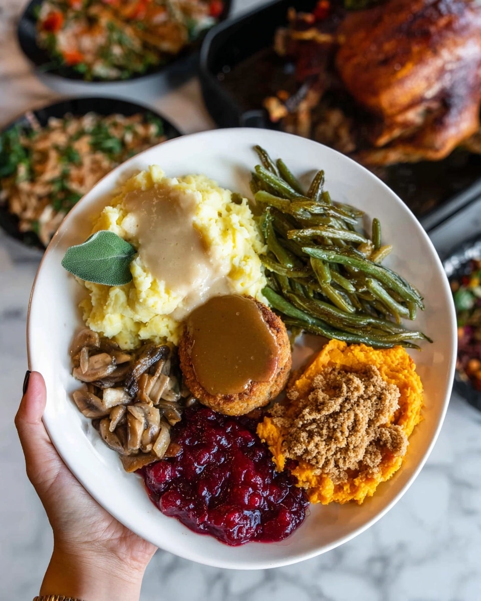 A white plate held by a woman's hand shows a colorful Thanksgiving meal with five distinct sections: at the top left, yellow mashed potatoes covered with a light beige creamy gravy topped with a green leaf; next to it on the top center, a round golden-brown fried patty with brown gravy on top; to the right, a mix of green beans and sliced brown mushrooms; at the bottom right, orange mashed sweet potatoes with a crumbly brown topping; and at the bottom left, bright red cranberry sauce with a glossy texture. The background shows a dark roasted turkey in a black roasting pan and other dishes on a white marbled surface. photo taken with an iphone --ar 4:5 --v 7