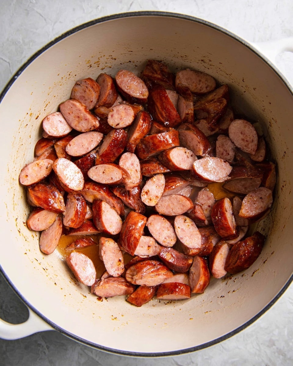The image shows a white pot filled with many pieces of cooked sausage. The sausage pieces are cut into small slices, some deeper brown and others lighter pink, showing a mix of textures from crispy to soft. They are scattered evenly inside the pot with a shiny, oily surface giving a slightly glossy look. The pot is on a white marbled surface. photo taken with an iphone --ar 4:5 --v 7