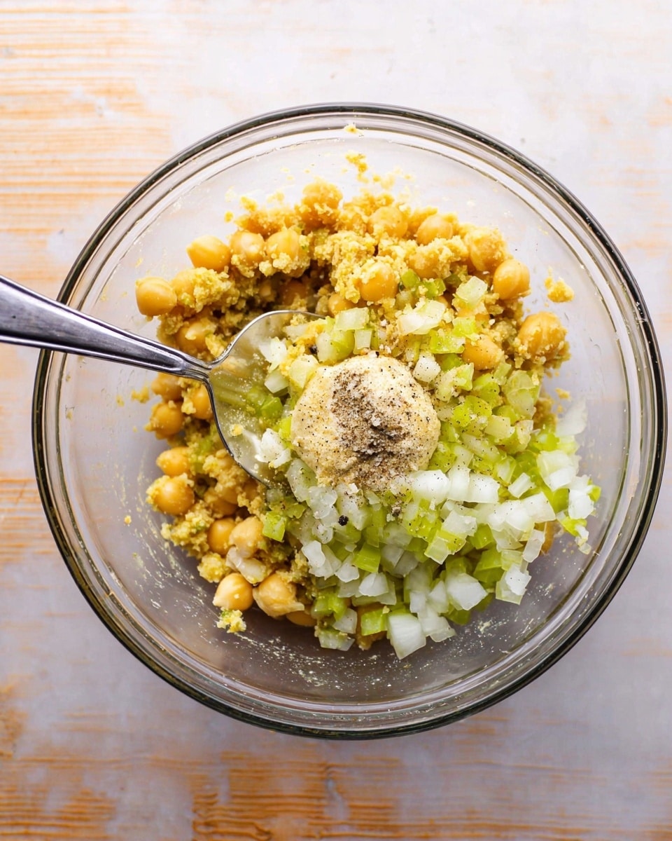 A clear glass bowl with a mix of crumbled yellow chickpeas at the bottom, topped with small chopped pieces of white onion and light green celery, along with small green pickle bits scattered on top. There is a dollop of light beige mustard placed near the center, sprinkled with coarse salt and black pepper. A shiny silver spoon rests on the left side inside the bowl, which is set on a white marbled surface. photo taken with an iphone --ar 4:5 --v 7