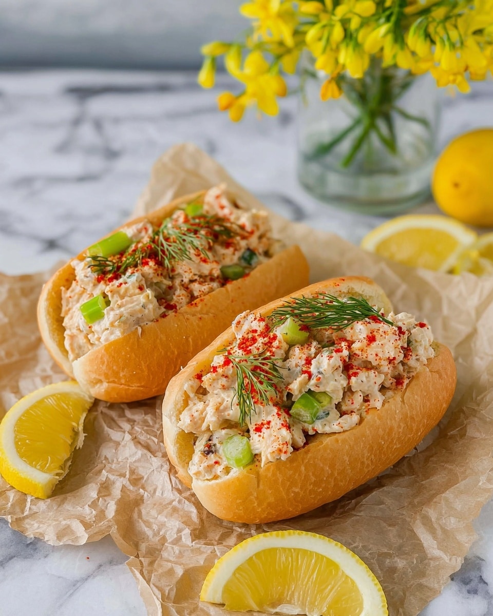 Two soft sandwich buns filled with a creamy, chunky chicken salad mixture, which includes small pieces of chicken, green celery bits, and fresh dill leaves, all topped with a sprinkling of bright red paprika. The buns sit on crumpled light brown parchment paper on a white marbled surface. Around the sandwiches are three lemon wedges with a vibrant yellow color. In the background, a small clear glass vase holds a bunch of bright yellow flowers with green stems. The whole scene has a fresh, casual look with natural light. photo taken with an iphone --ar 4:5 --v 7