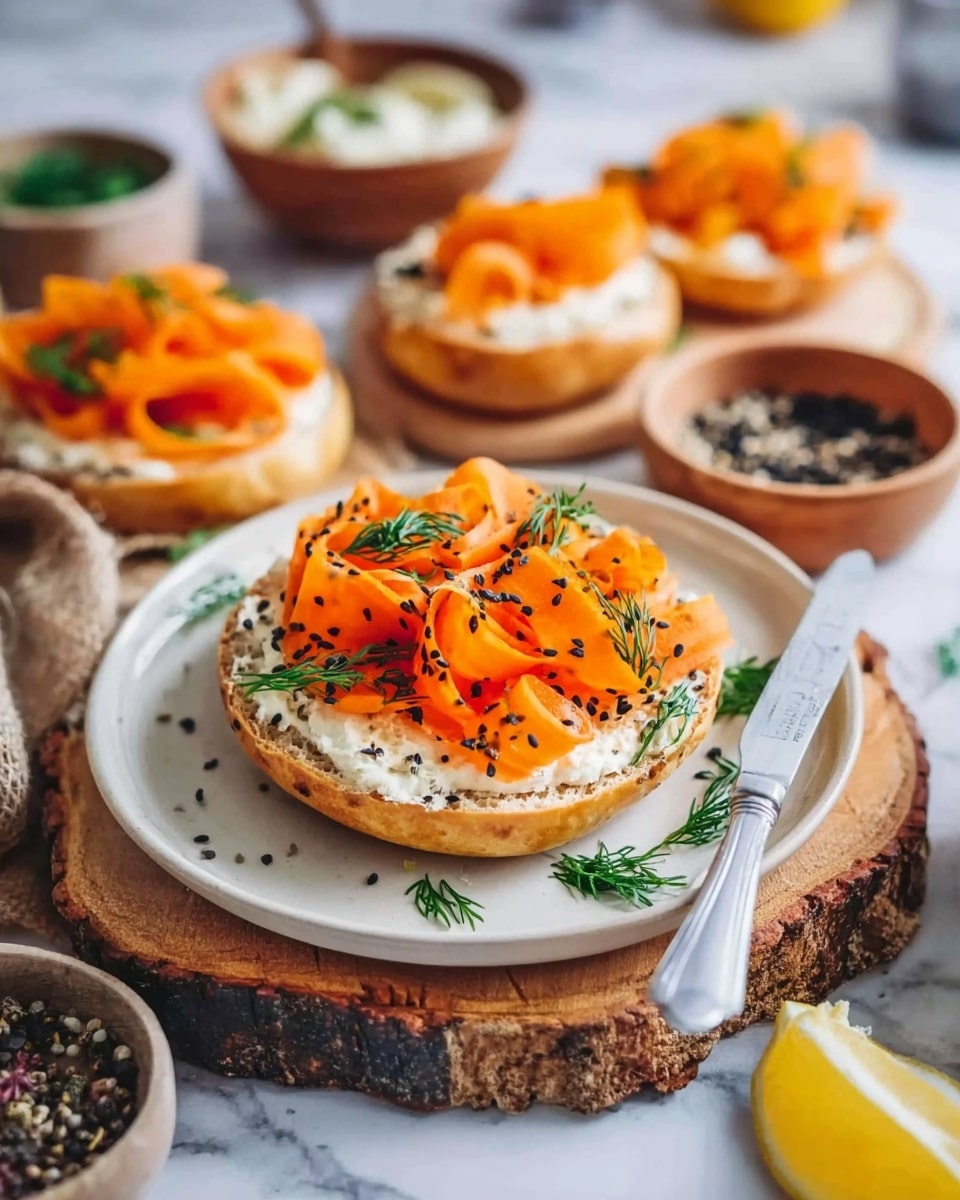 A white plate with a toasted bagel half topped with a thick layer of cream cheese spread. The bagel is covered with bright orange thin carrot ribbons, sprinkled with black sesame seeds and garnished with small green dill leaves. A butter knife rests on the right side of the plate. The plate sits on a rustic wooden board, placed on a white marbled surface. In the background, more bagel halves topped with carrot ribbons and cream cheese are visible, along with small wooden bowls filled with condiments and a cut lemon. A woman's hand is reaching toward the food. photo taken with an iphone --ar 4:5 --v 7