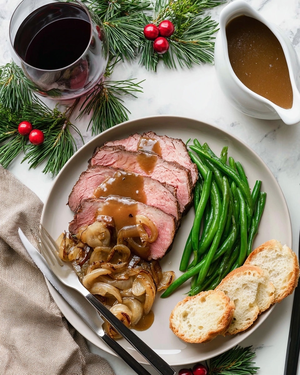 A white plate holds a meal with three layers of sliced roast beef at the center, showing a pink middle and brown edges, topped with a glossy brown onion gravy that also covers a portion of caramelized onions on the left side of the meat. On the right side, bright green steamed green beans are neatly stacked beside a piece of light, airy bread with a golden crust. A silver fork and a knife with a black handle rest on the plate's edge near the green beans. Next to the plate is a white gravy boat filled with the same brown onion gravy, and a glass of dark red wine sits above the plate on a white marbled texture, decorated with green pine leaves and red berries. A beige cloth napkin is partially visible on the left side. The photo taken with an iphone --ar 4:5 --v 7