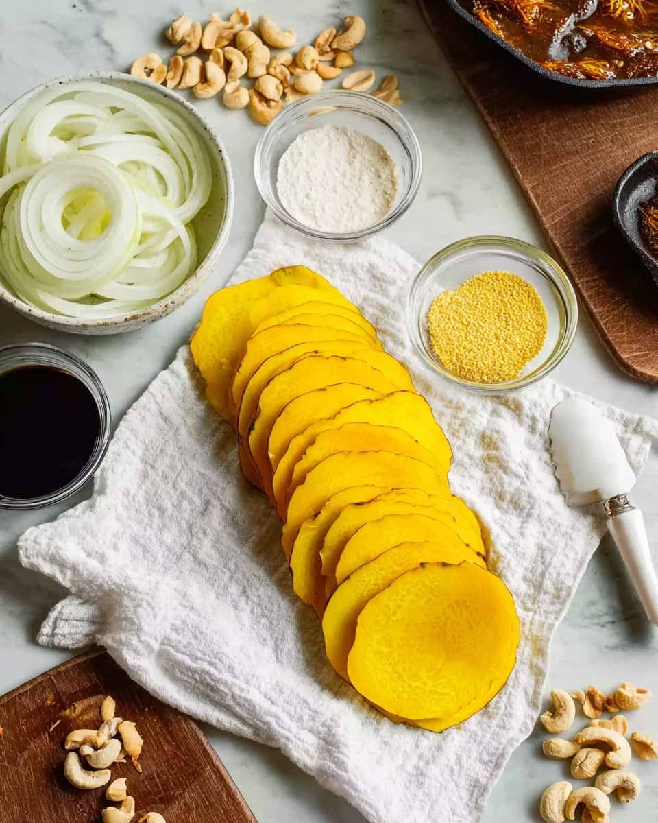 A long yellow sliced fruit or vegetable, neatly layered in a row on a white cloth placed on a white marbled surface. To the left, a white bowl holds thinly sliced white onion rings. Around the cloth, scattered light brown nuts add texture. Three small clear glass bowls contain different ingredients: one with a light powder, another dark liquid, and another with a yellow grainy substance. A metal spoon with a white handle rests near these bowls. The background includes parts of dark pans with brown food inside, all set on the white marbled surface. Photo taken with an iphone --ar 4:5 --v 7