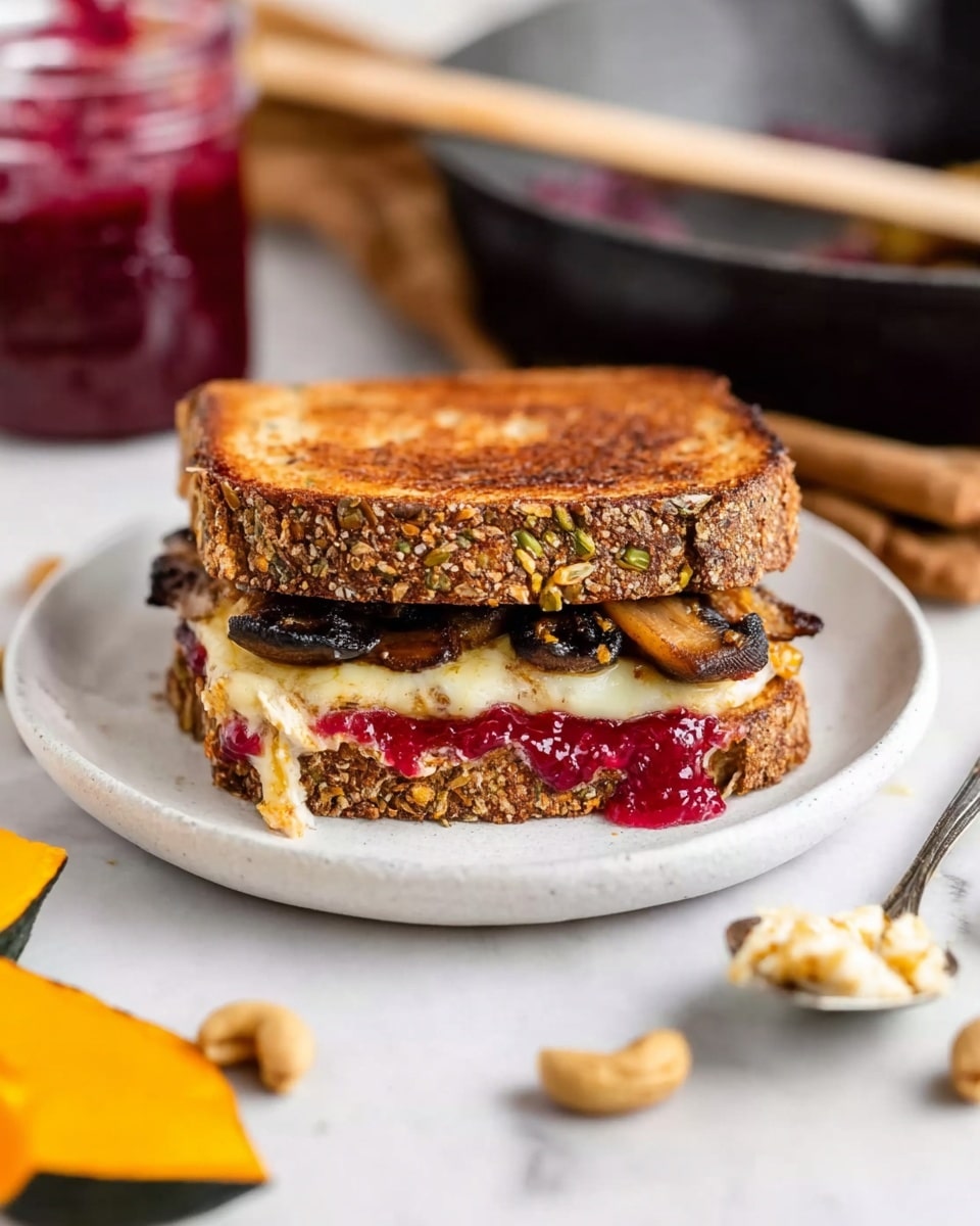 The image shows a sandwich on a white plate placed on a white marbled surface. The sandwich has two slices of seeded brown bread with a crispy, toasted texture. Inside, there is a layer of melted cheese that looks smooth and creamy, topped with cooked mushrooms that have a dark brown, slightly glossy look. There is a bright red layer of jam or sauce spilling slightly from the sandwich. Around the plate, there are scattered cashew nuts, a slice of yellow pumpkin with black edges on a white plate, and a spoon with thick white spread on the surface nearby. In the background, there is a jar filled with more of the red jam and a cast iron pan with a wooden spatula. Photo taken with an iphone --ar 4:5 --v 7