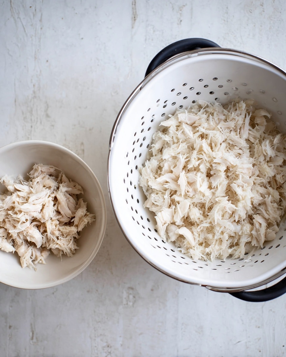 The image shows a white bowl filled with shredded white crab meat, placed on a white marbled surface. Next to it is a large white colander with black handles, holding a small pile of the same shredded crab meat in the bottom. The crab meat looks soft and flaky with small pieces in both containers. photo taken with an iphone --ar 4:5 --v 7