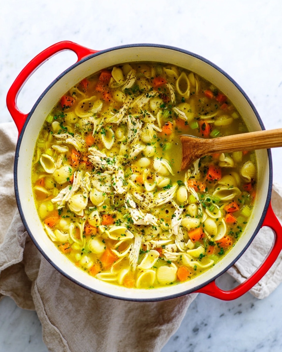 A large white pot with red handles holds a soup filled with several layers: at the bottom is a golden yellow broth, mixed throughout are small shell pasta pieces, soft orange carrot cubes, and light green celery chunks. Shredded light yellow chicken pieces sit on top, sprinkled with dark green herbs and black pepper dots. A wooden spoon is resting inside the pot with its handle pointing upwards. The pot is placed on a white marbled surface, with a soft beige cloth partly visible behind it. Photo taken with an iphone --ar 4:5 --v 7