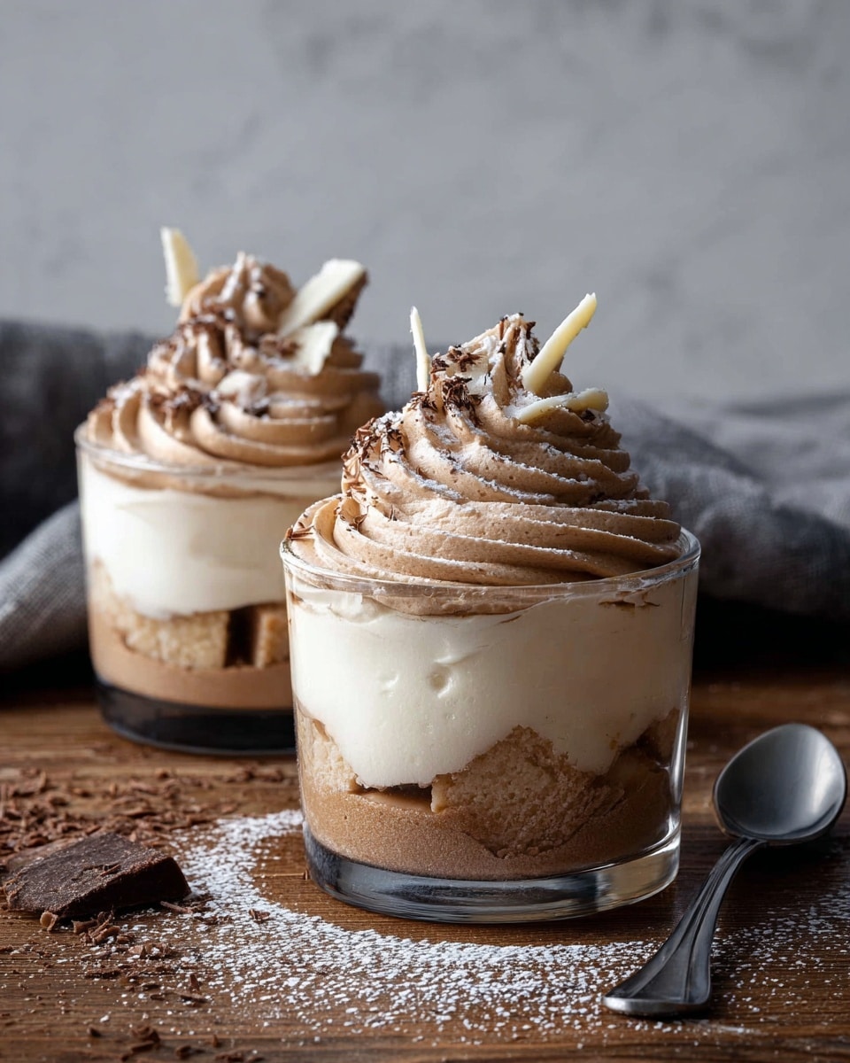 Two clear glass cups hold a layered dessert, placed on a wooden table with a white marbled texture background and grey cloth nearby. Each dessert has three layers: the bottom layer is light brown chunks, the middle layer is creamy white pudding, and the top layer is a thick swirl of light brown mousse with a soft, smooth texture. The mousse is sprinkled with white powdered sugar and small white chocolate shavings, with a single larger shard sticking out from the swirl. Some powdered sugar and chocolate shavings are scattered around the cups on the table. A metal spoon lies to the right. Photo taken with an iphone --ar 4:5 --v 7