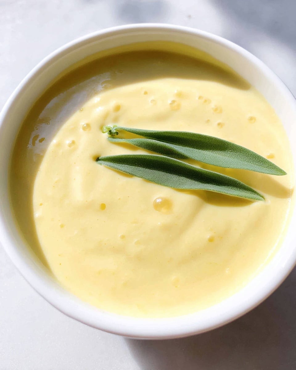 A smooth, creamy pale yellow sauce fills a white bowl, with soft swirls and a few small bubbles visible on the surface. On top, three long and narrow green leaves lie as a simple garnish, adding a fresh touch. The bowl is placed on a white marbled surface. photo taken with an iphone --ar 4:5 --v 7